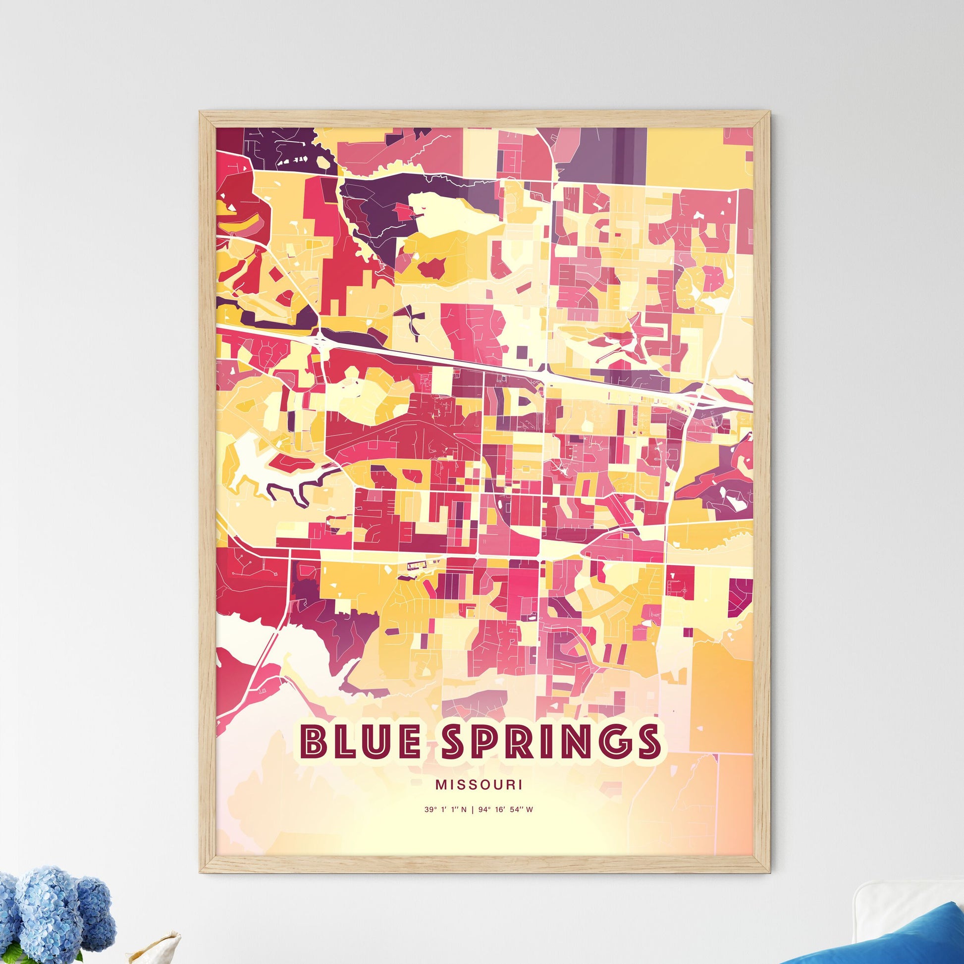 Colorful BLUE SPRINGS MISSOURI Fine Art Map Hot Red