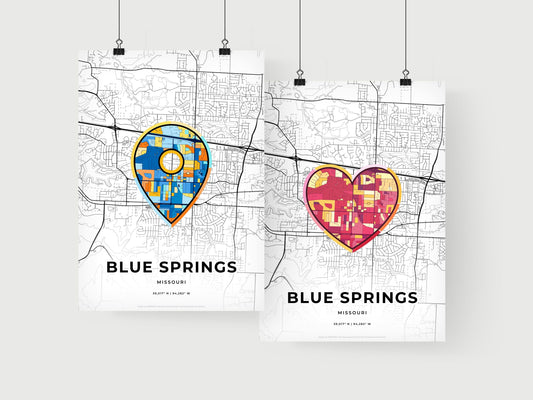 BLUE SPRINGS MISSOURI minimal art map with a colorful icon. Where it all began, Couple map gift.