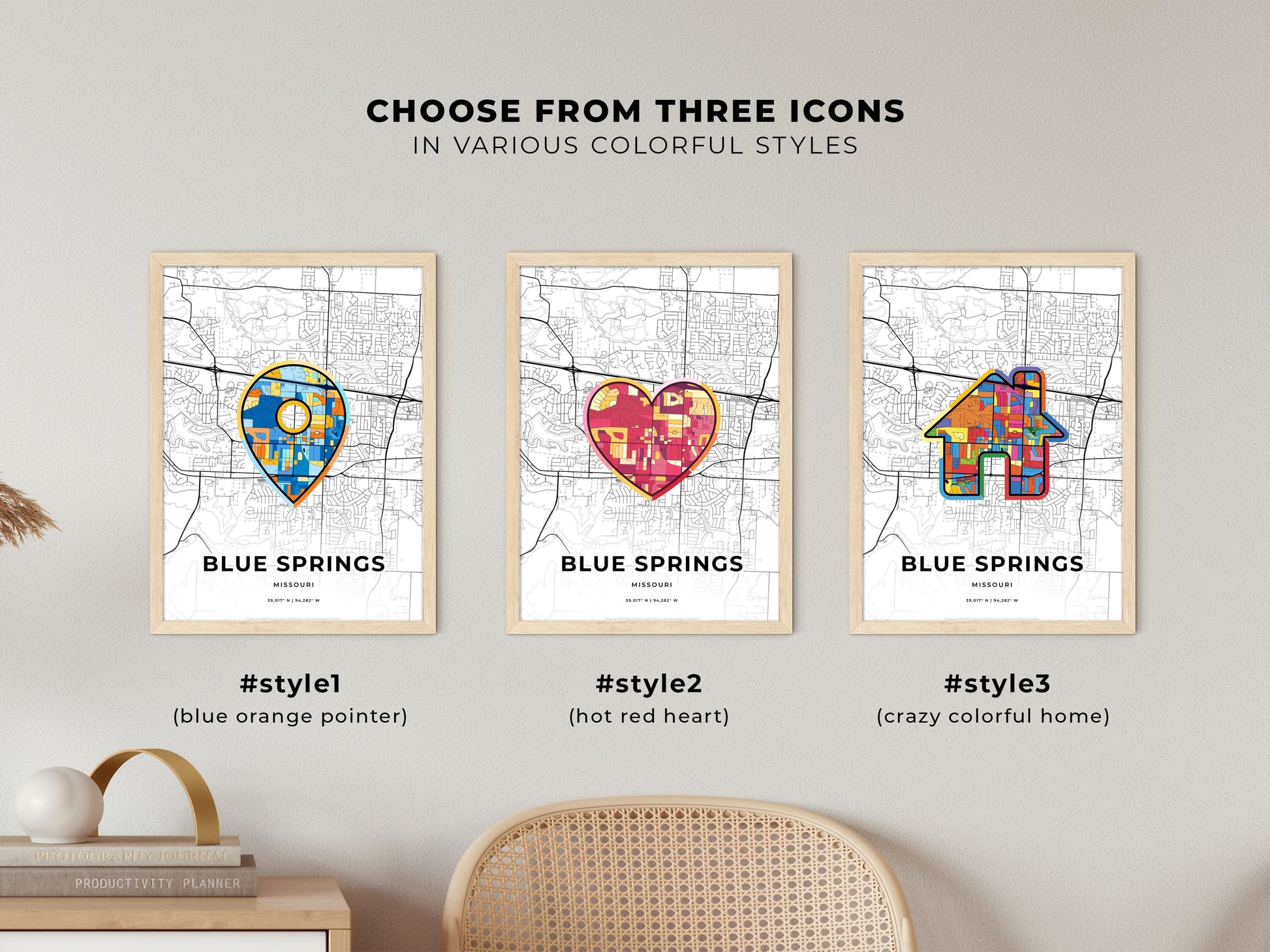 Blue Springs Missouri maps with colorful icons