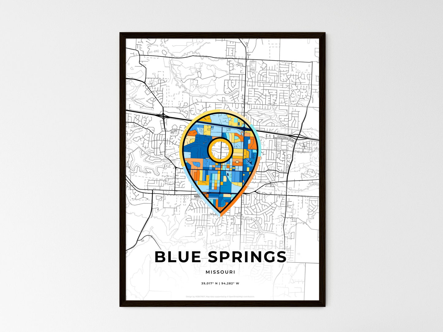 Blue Springs Missouri wedding art map with pointer icon