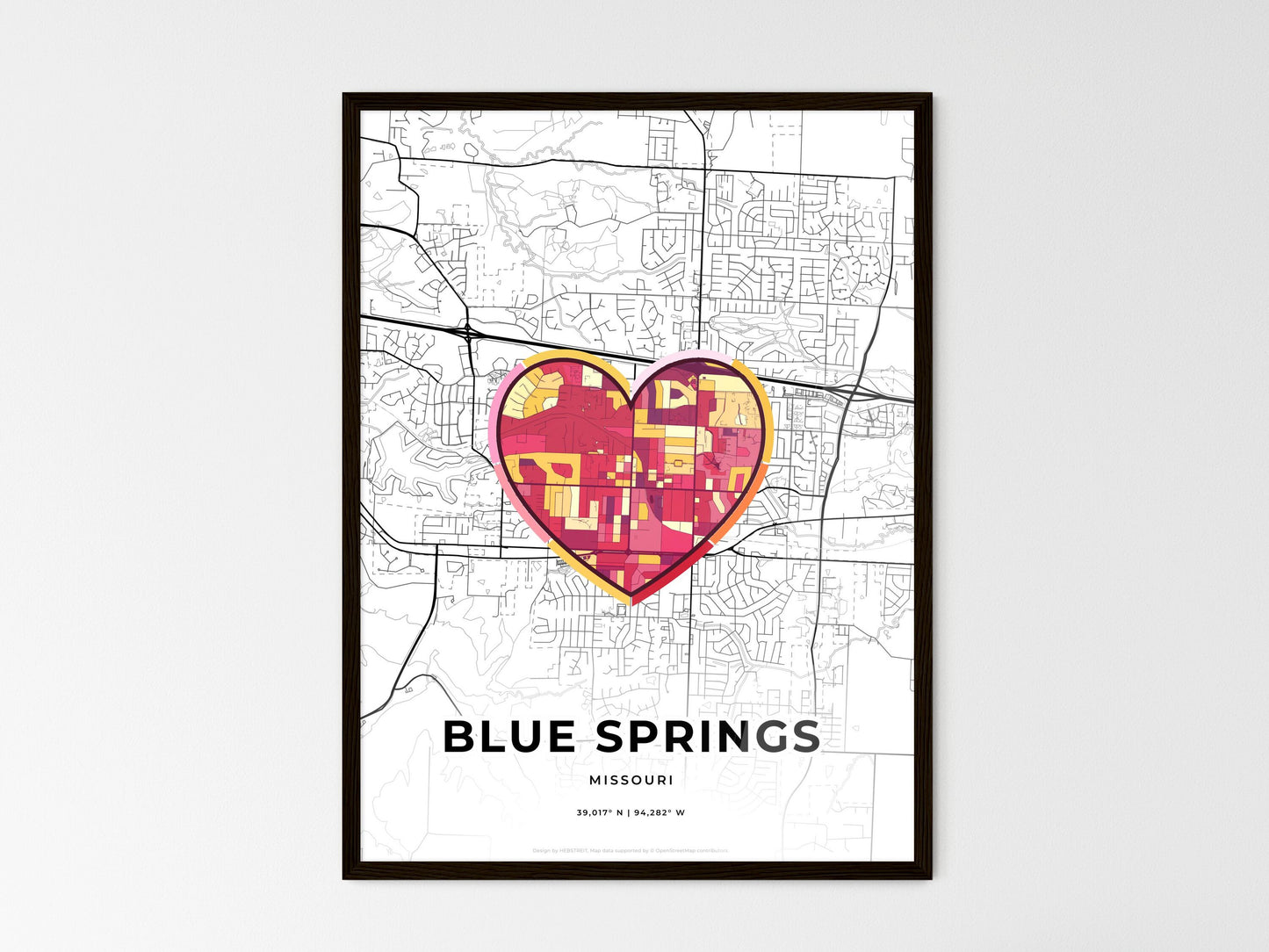 Blue Springs Missouri wedding art map with heart icon