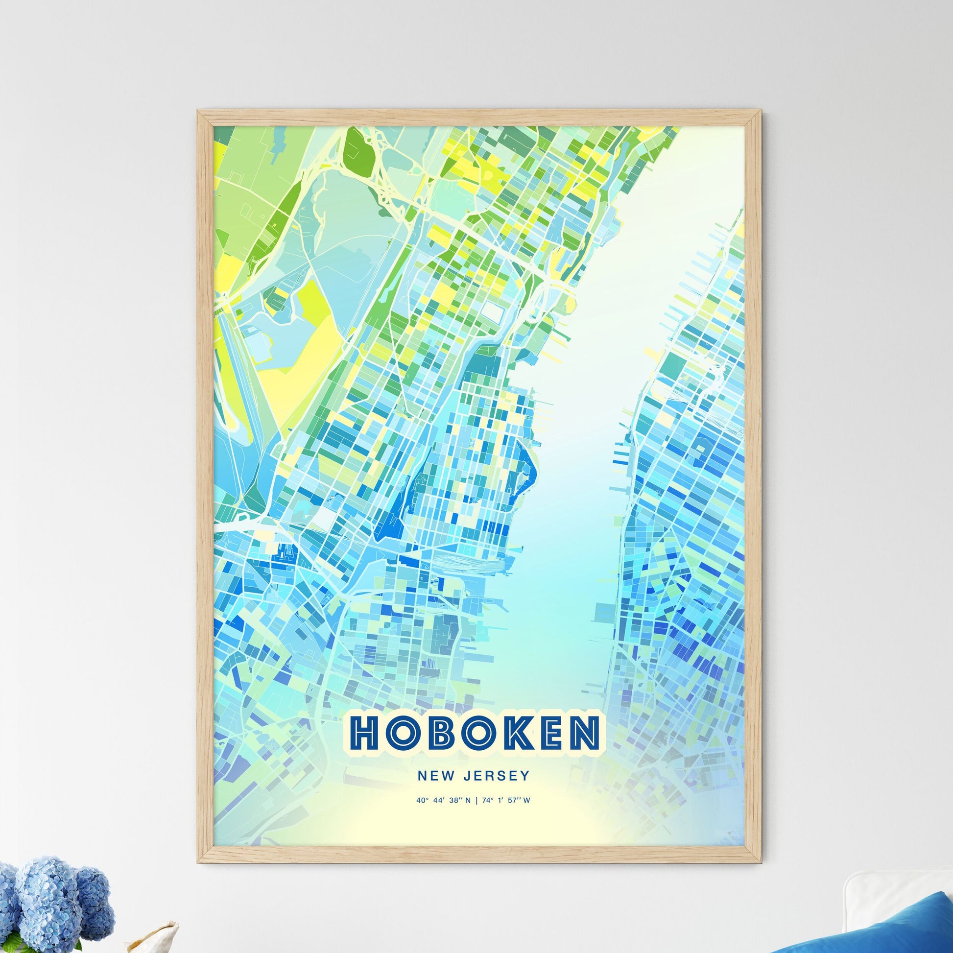 Colorful HOBOKEN NEW JERSEY Fine Art Map Cool Blue