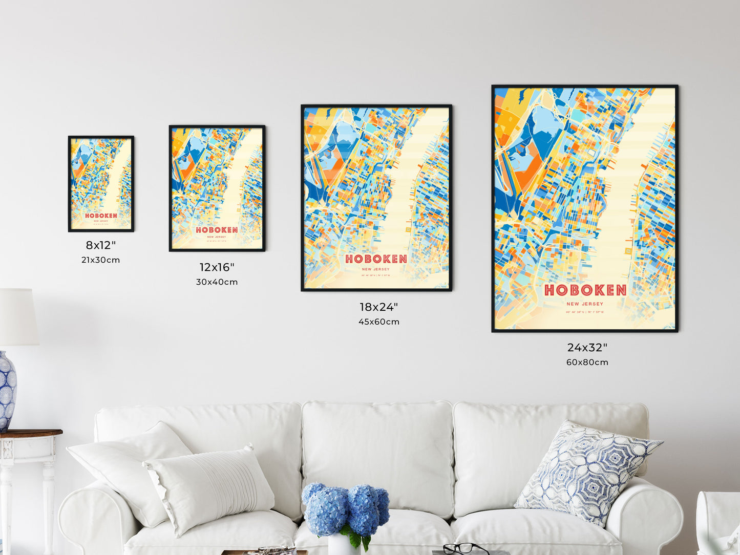 Colorful HOBOKEN NEW JERSEY Fine Art Map Blue Orange