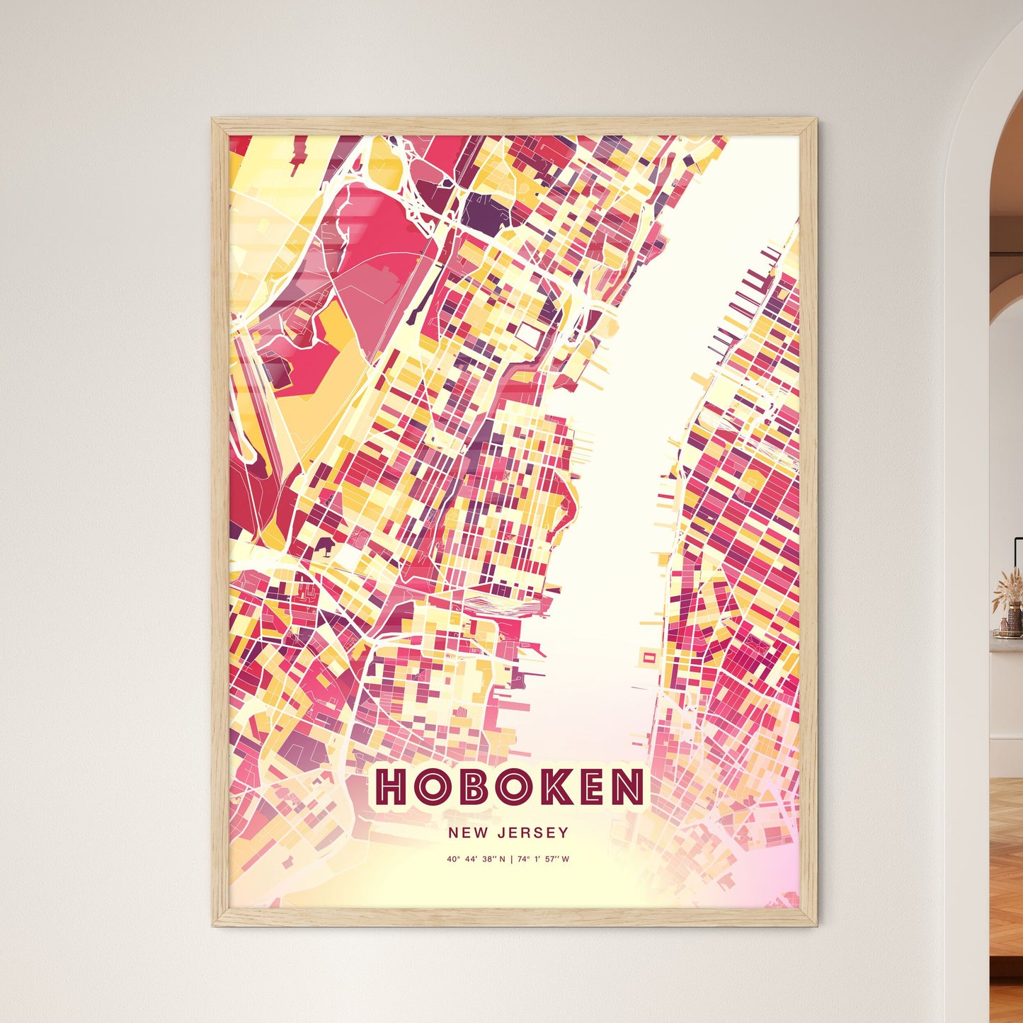 Colorful HOBOKEN NEW JERSEY Fine Art Map Hot Red