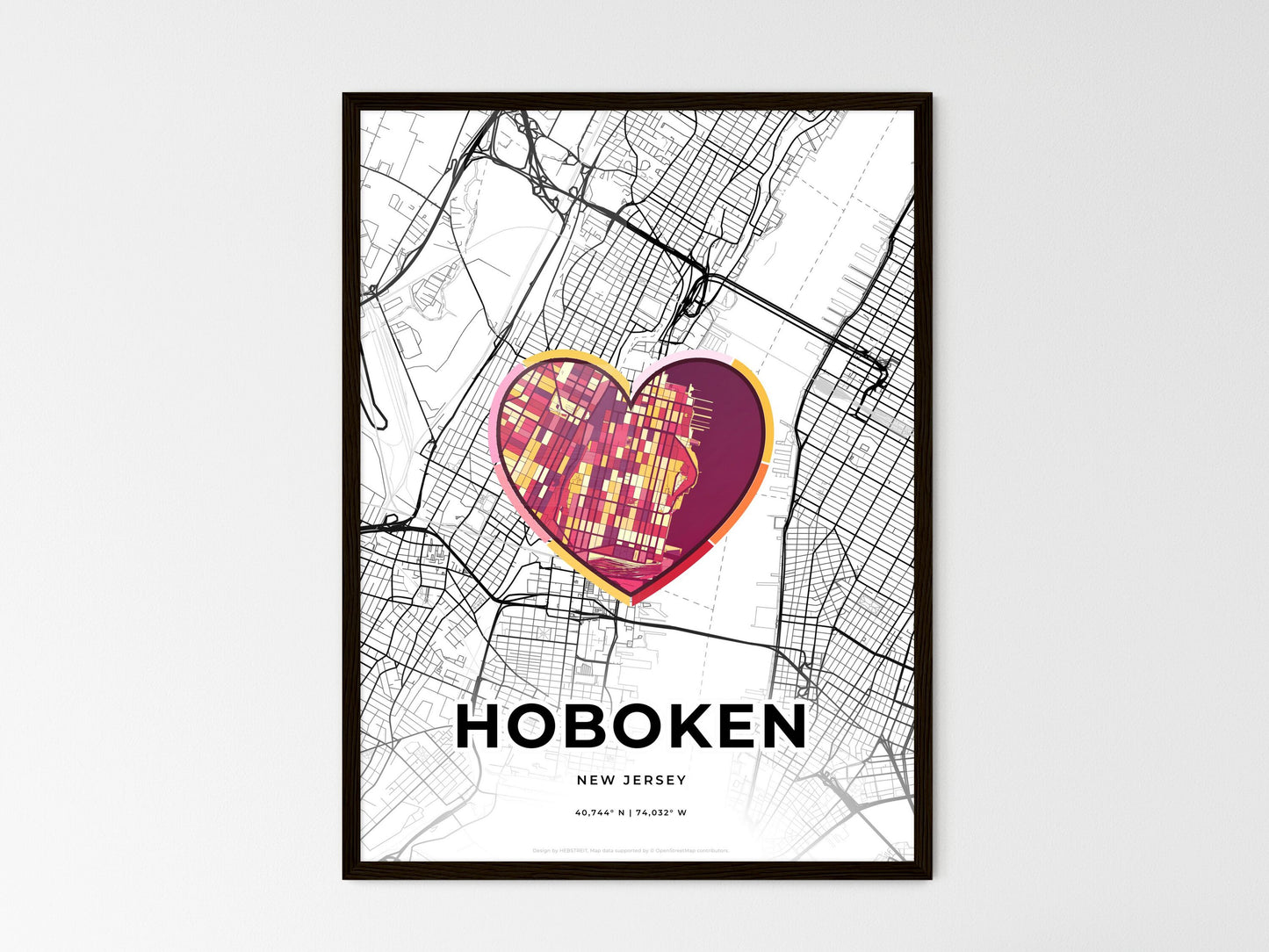 Hoboken New Jersey wedding art map with heart icon