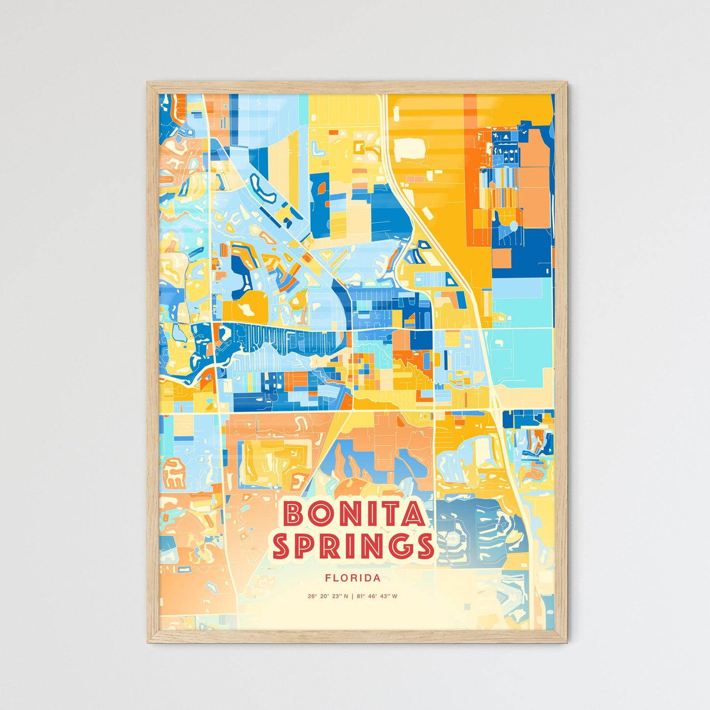 Colorful BONITA SPRINGS FLORIDA Fine Art Map Blue Orange