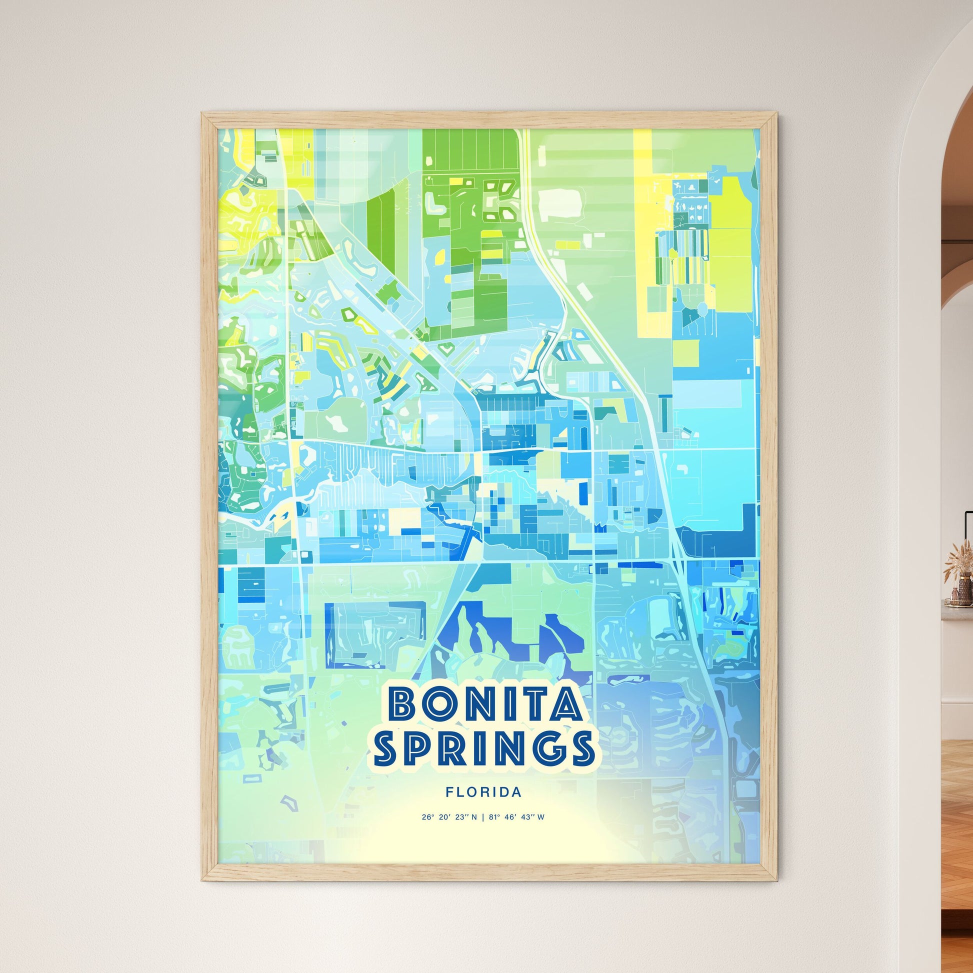 Colorful BONITA SPRINGS FLORIDA Fine Art Map Cool Blue