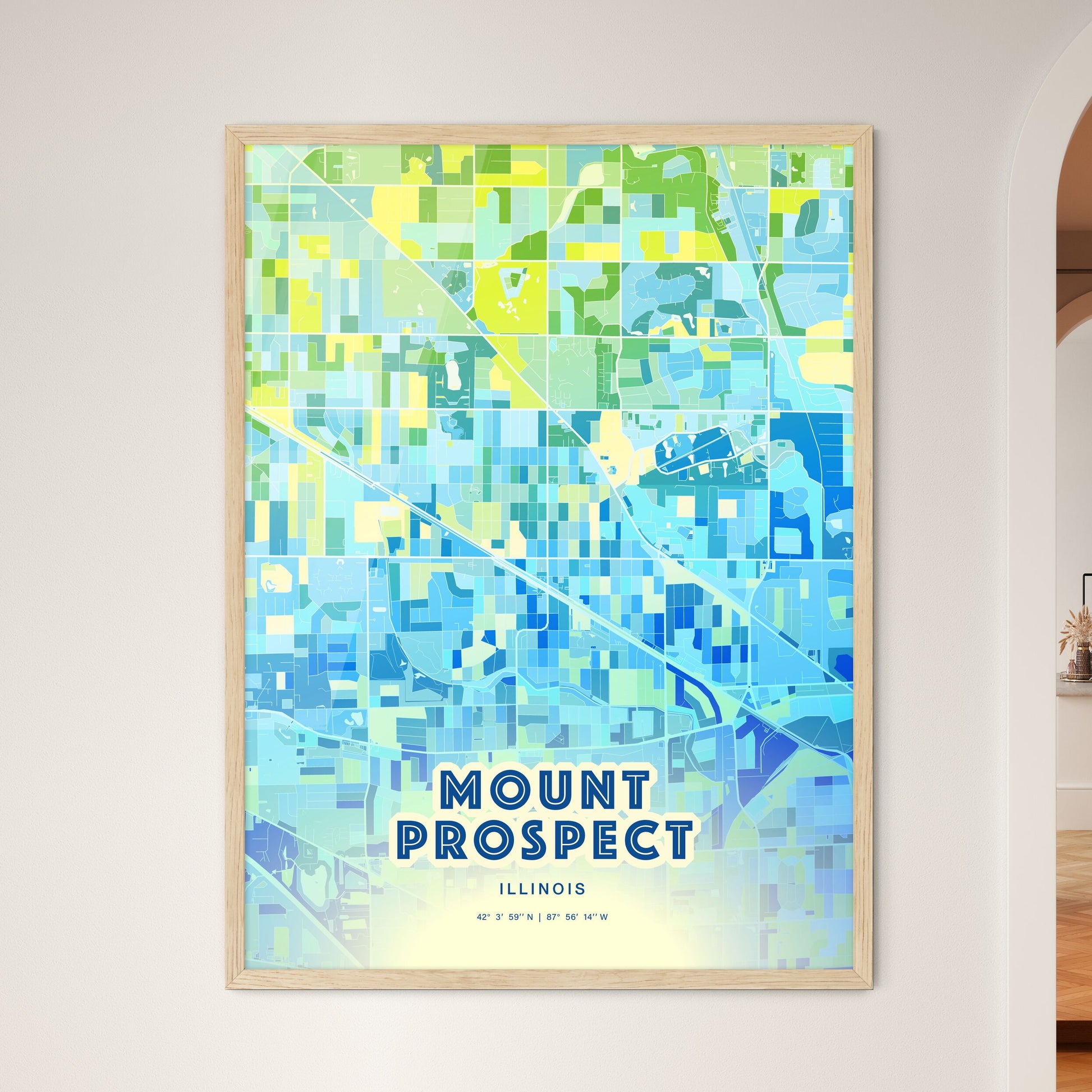 Colorful MOUNT PROSPECT ILLINOIS Fine Art Map Cool Blue