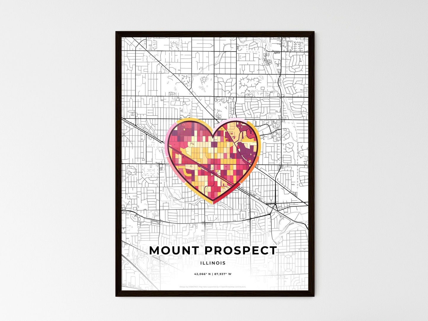 Mount Prospect Illinois wedding art map with heart icon