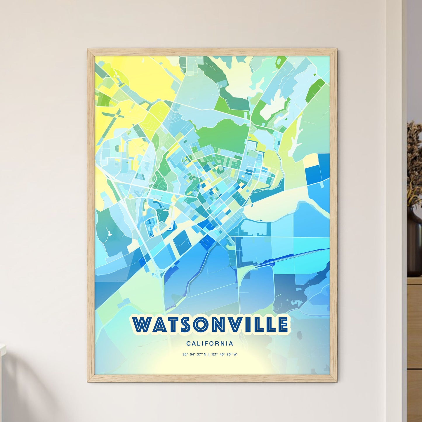 Colorful WATSONVILLE CALIFORNIA Fine Art Map Cool Blue