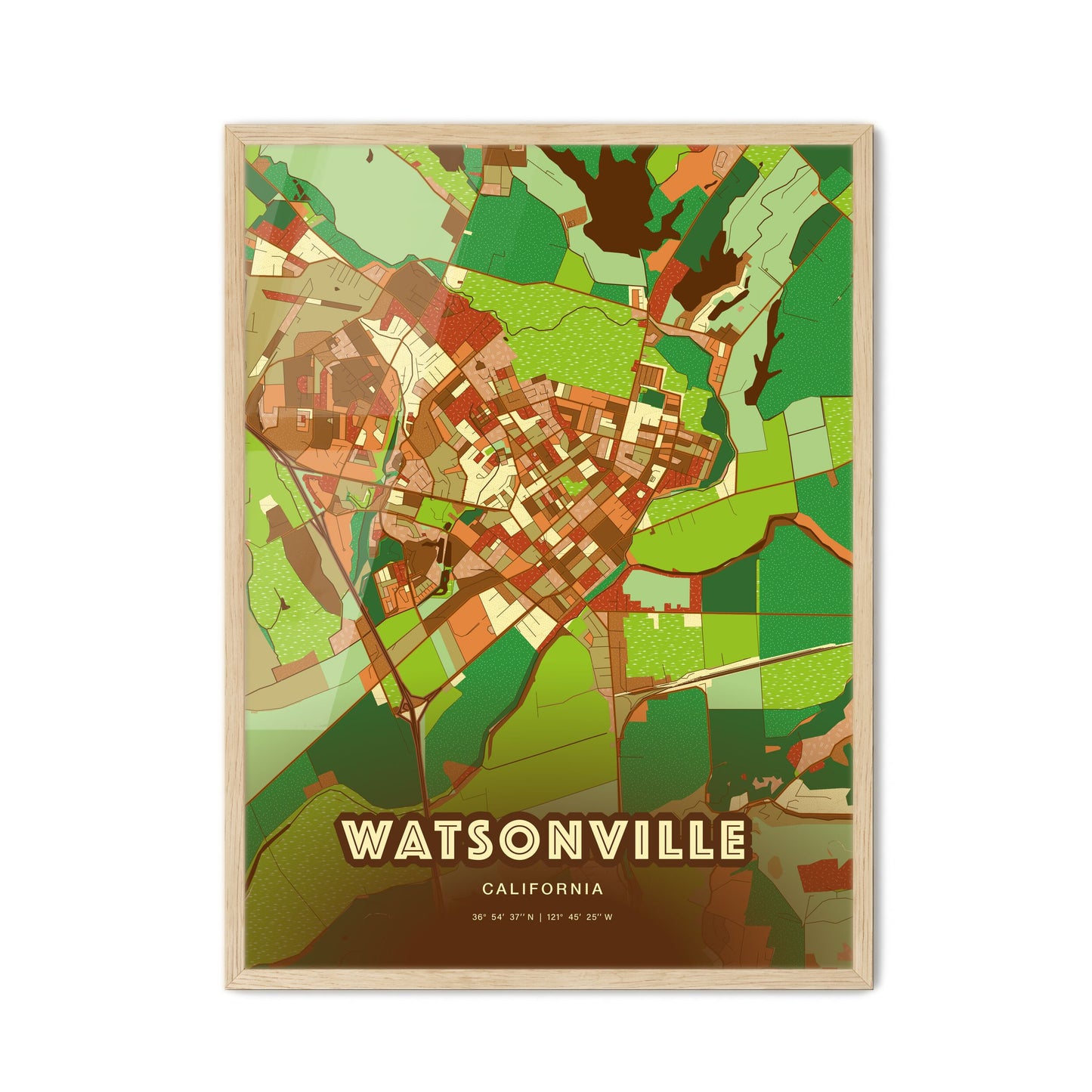 Colorful WATSONVILLE CALIFORNIA Fine Art Map Farmhouse