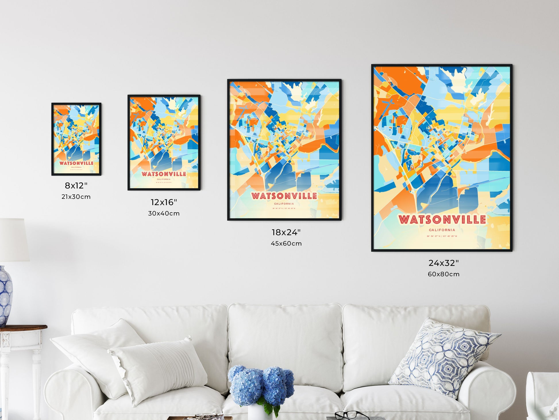 Colorful WATSONVILLE CALIFORNIA Fine Art Map Blue Orange