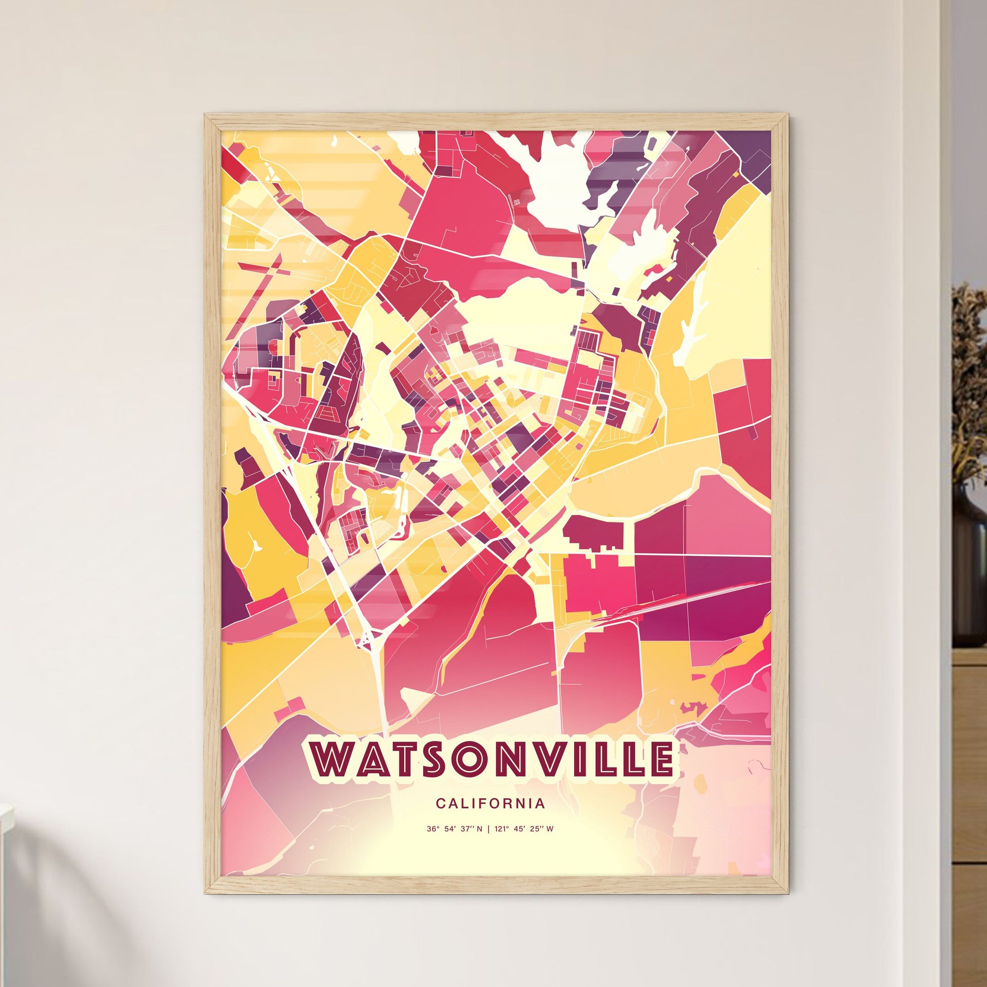 Colorful WATSONVILLE CALIFORNIA Fine Art Map Hot Red