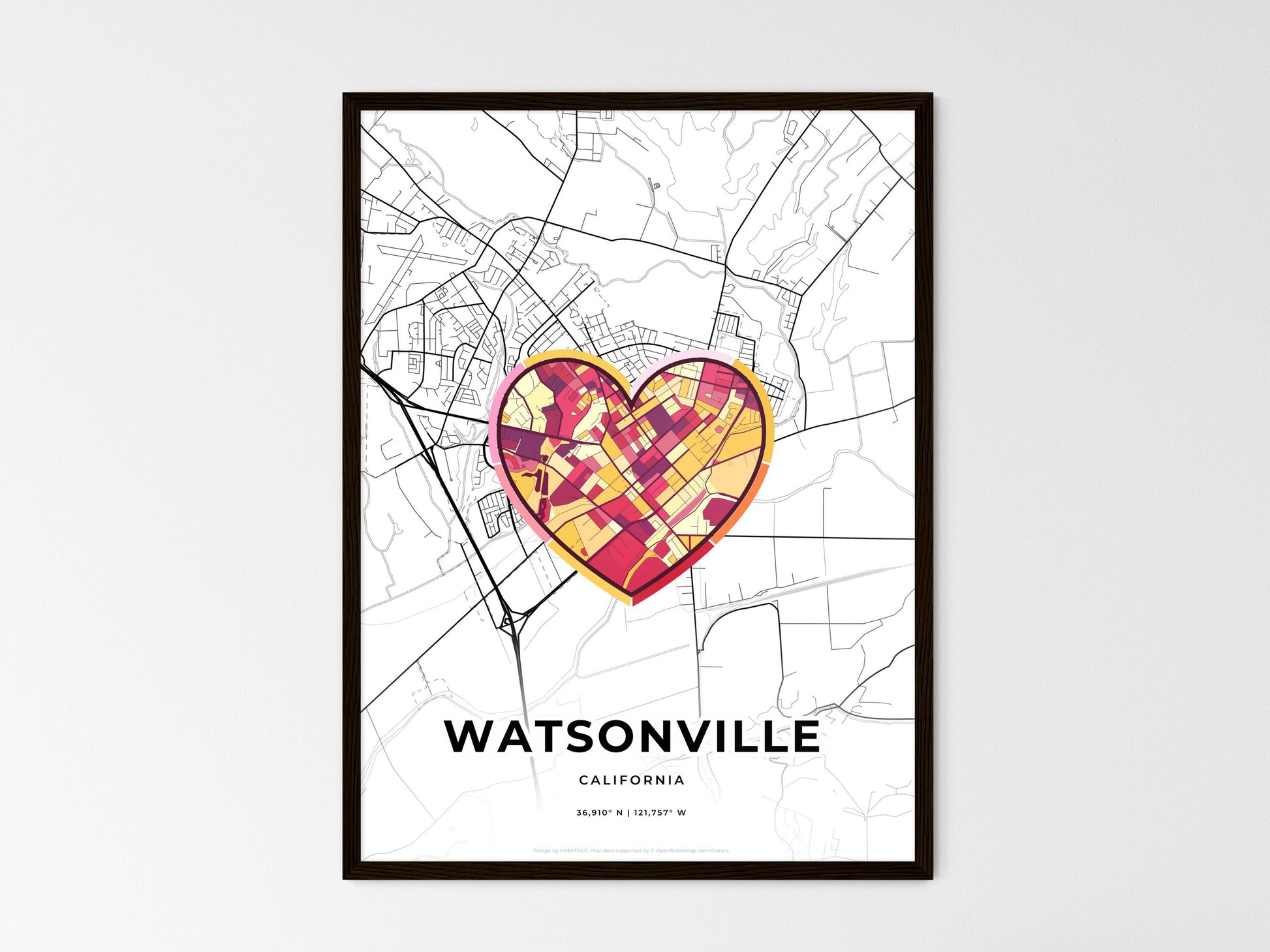Watsonville California wedding art map with heart icon