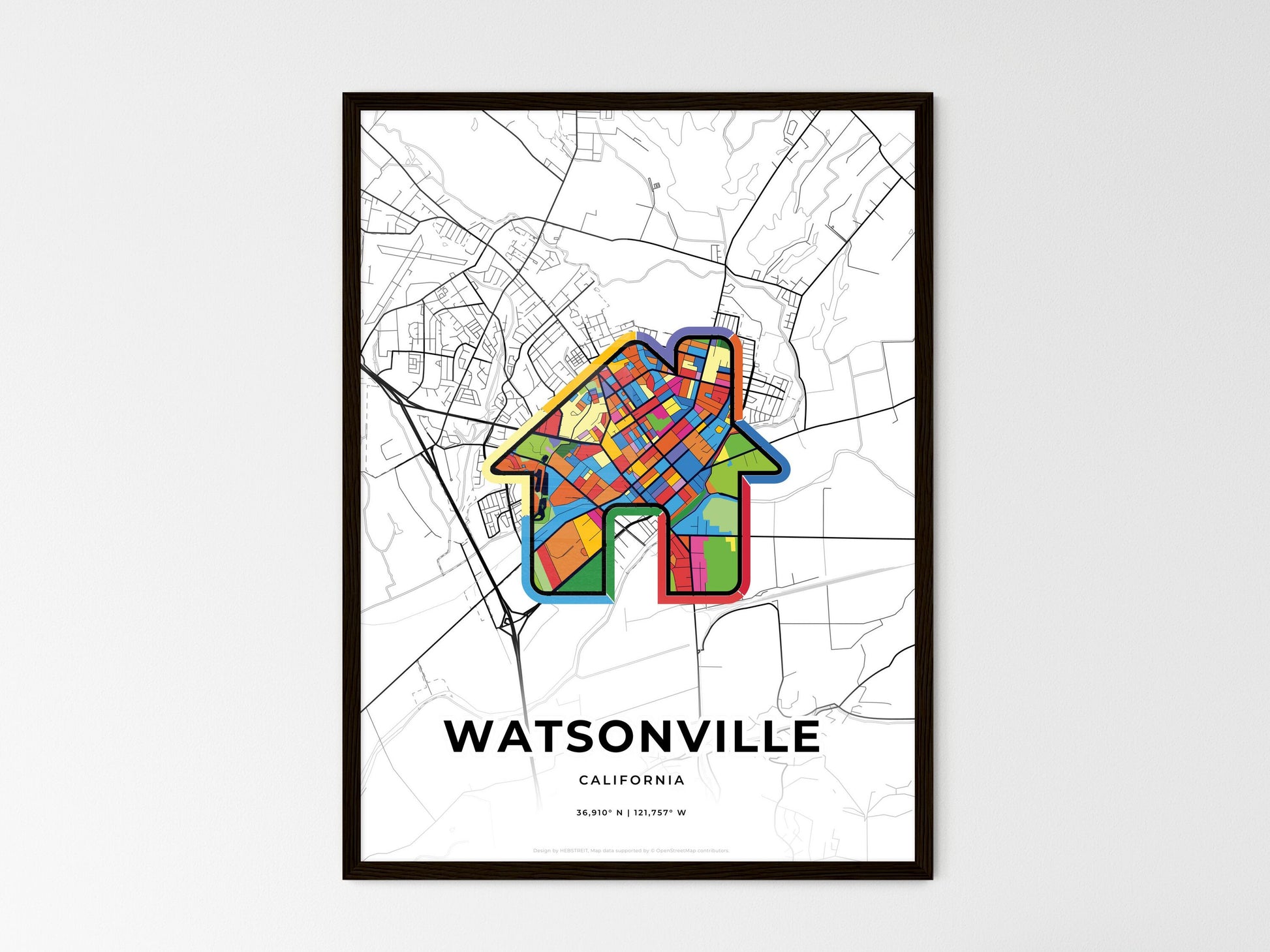 Watsonville California wedding art map with home icon