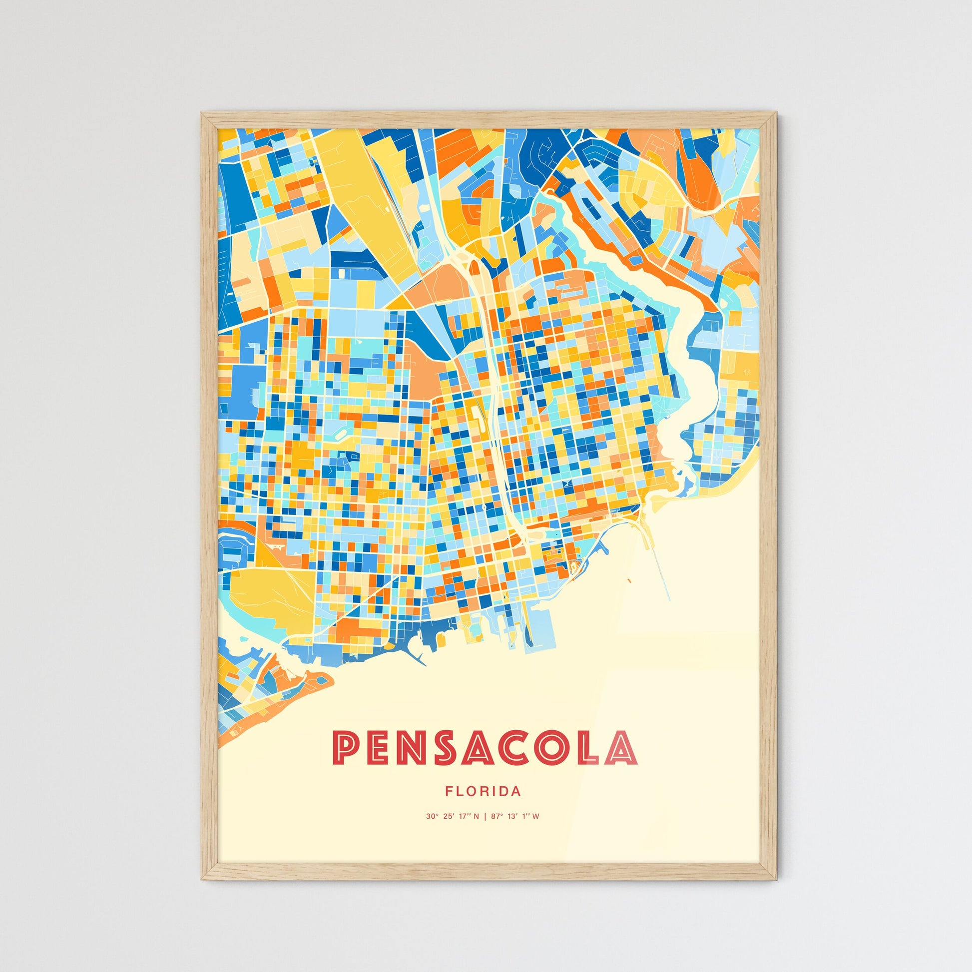 Colorful PENSACOLA FLORIDA Fine Art Map Blue Orange