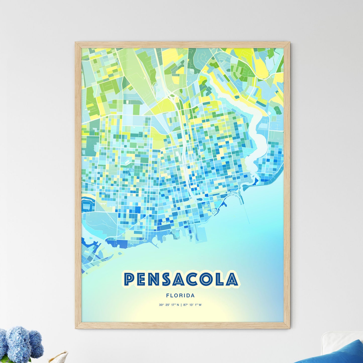 Colorful PENSACOLA FLORIDA Fine Art Map Cool Blue