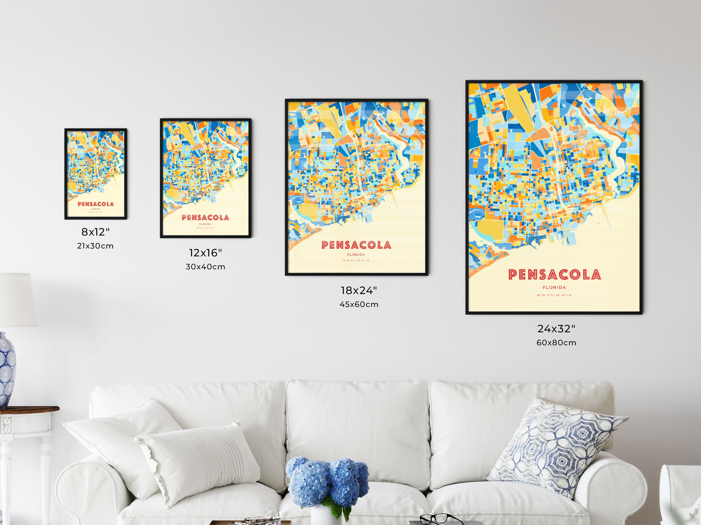 Colorful PENSACOLA FLORIDA Fine Art Map Blue Orange