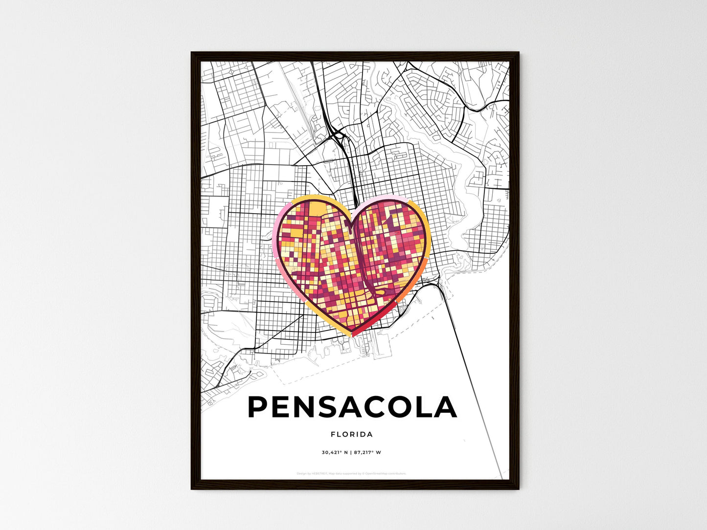 Pensacola Florida wedding art map with heart icon
