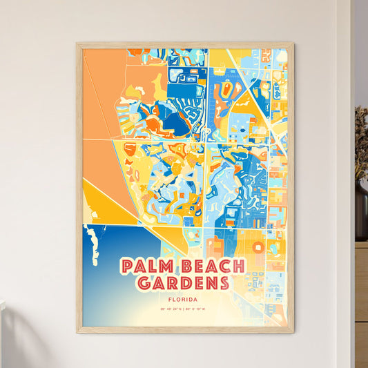 Colorful PALM BEACH GARDENS FLORIDA Fine Art Map Blue Orange