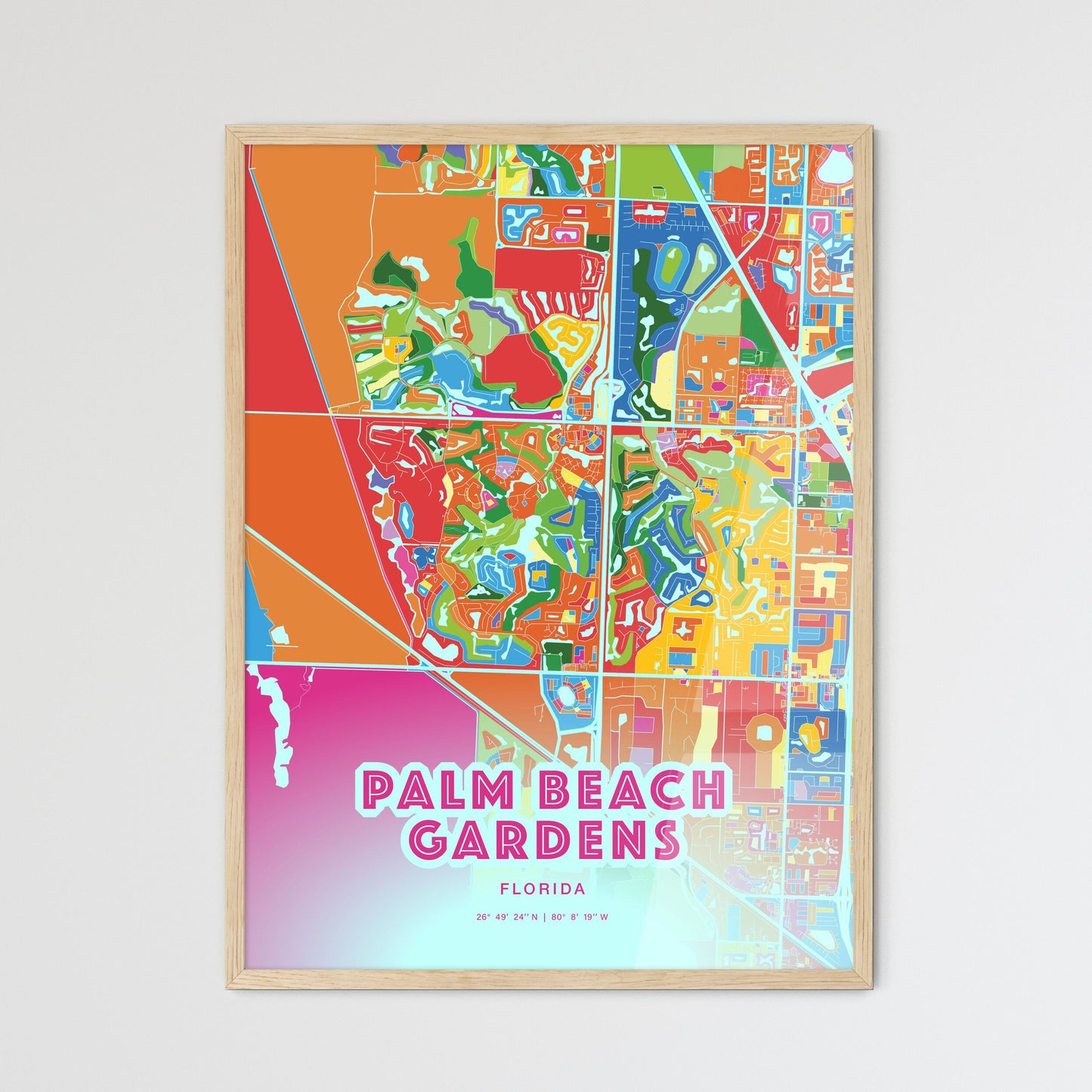 Colorful PALM BEACH GARDENS FLORIDA Fine Art Map Crazy Colors