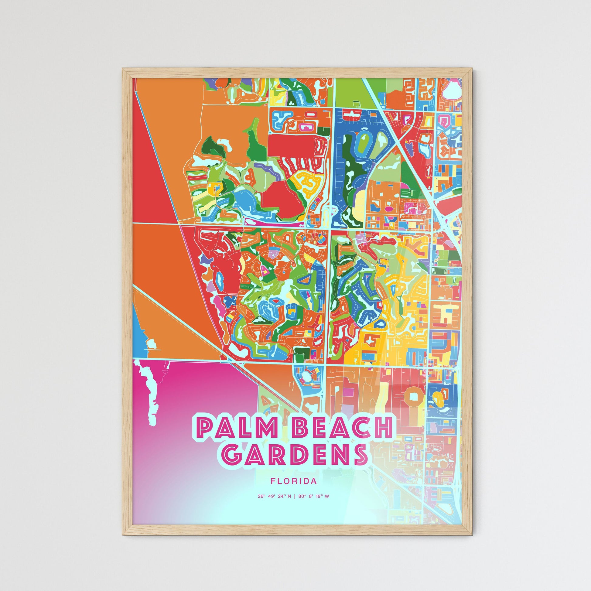 Colorful PALM BEACH GARDENS FLORIDA Fine Art Map Crazy Colors