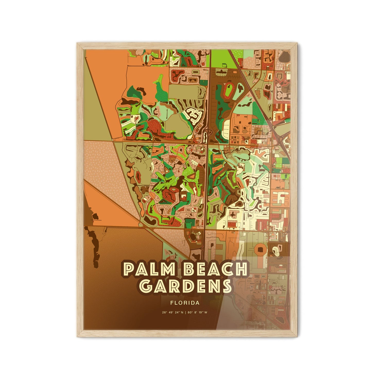 Colorful PALM BEACH GARDENS FLORIDA Fine Art Map Farmhouse