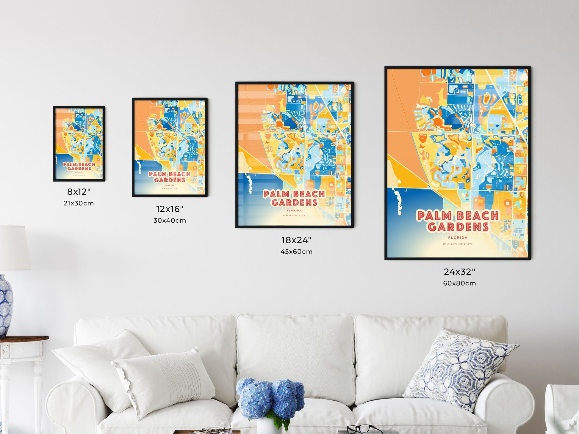 Colorful PALM BEACH GARDENS FLORIDA Fine Art Map Blue Orange