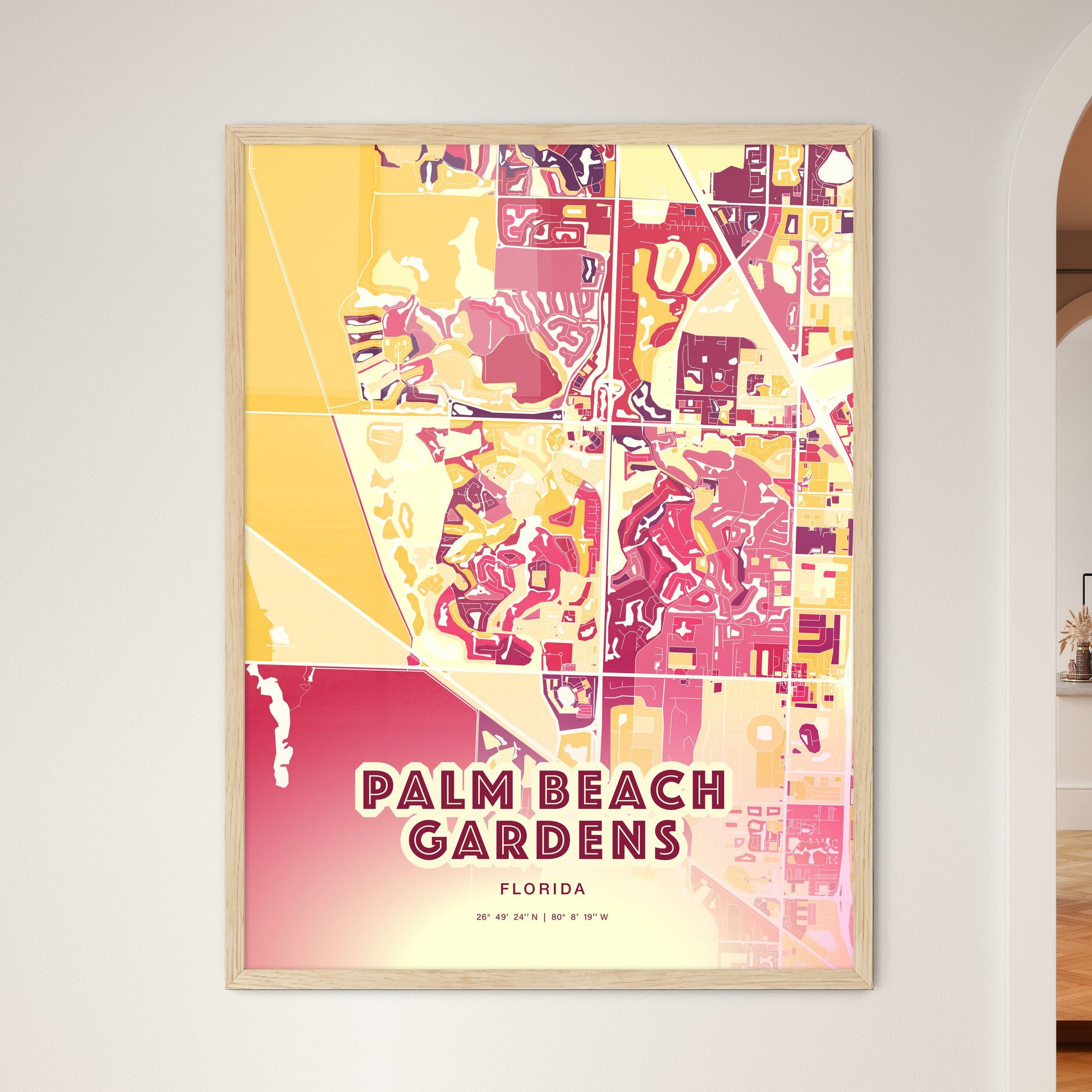 Colorful PALM BEACH GARDENS FLORIDA Fine Art Map Hot Red