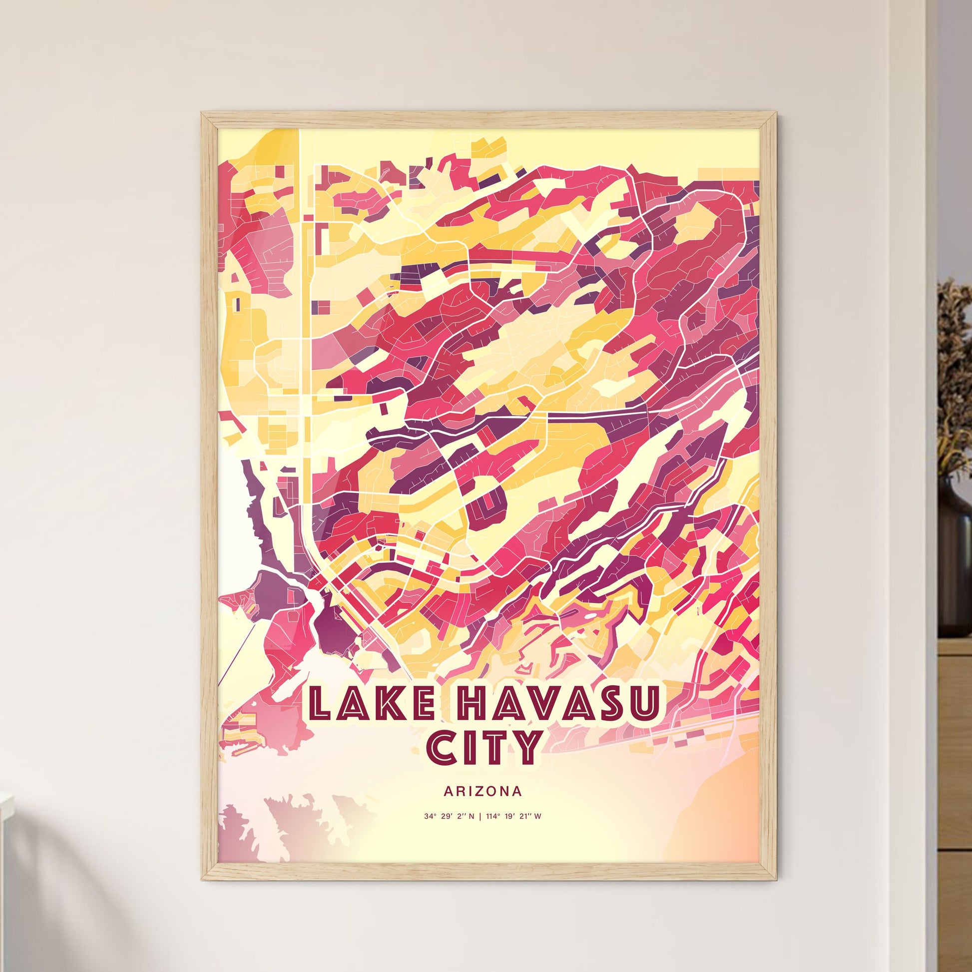 Colorful LAKE HAVASU CITY ARIZONA Fine Art Map Hot Red