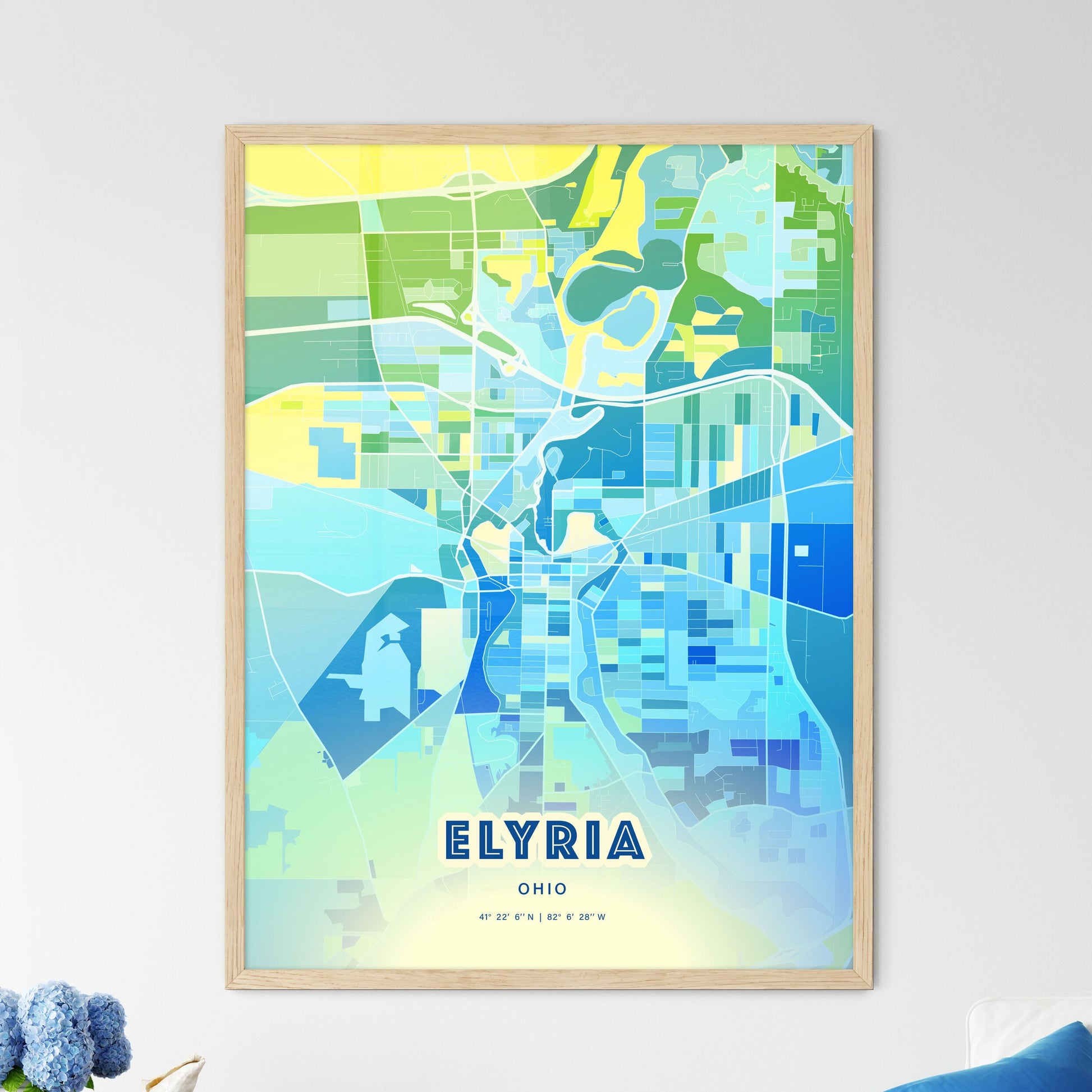 Colorful ELYRIA OHIO Fine Art Map Cool Blue