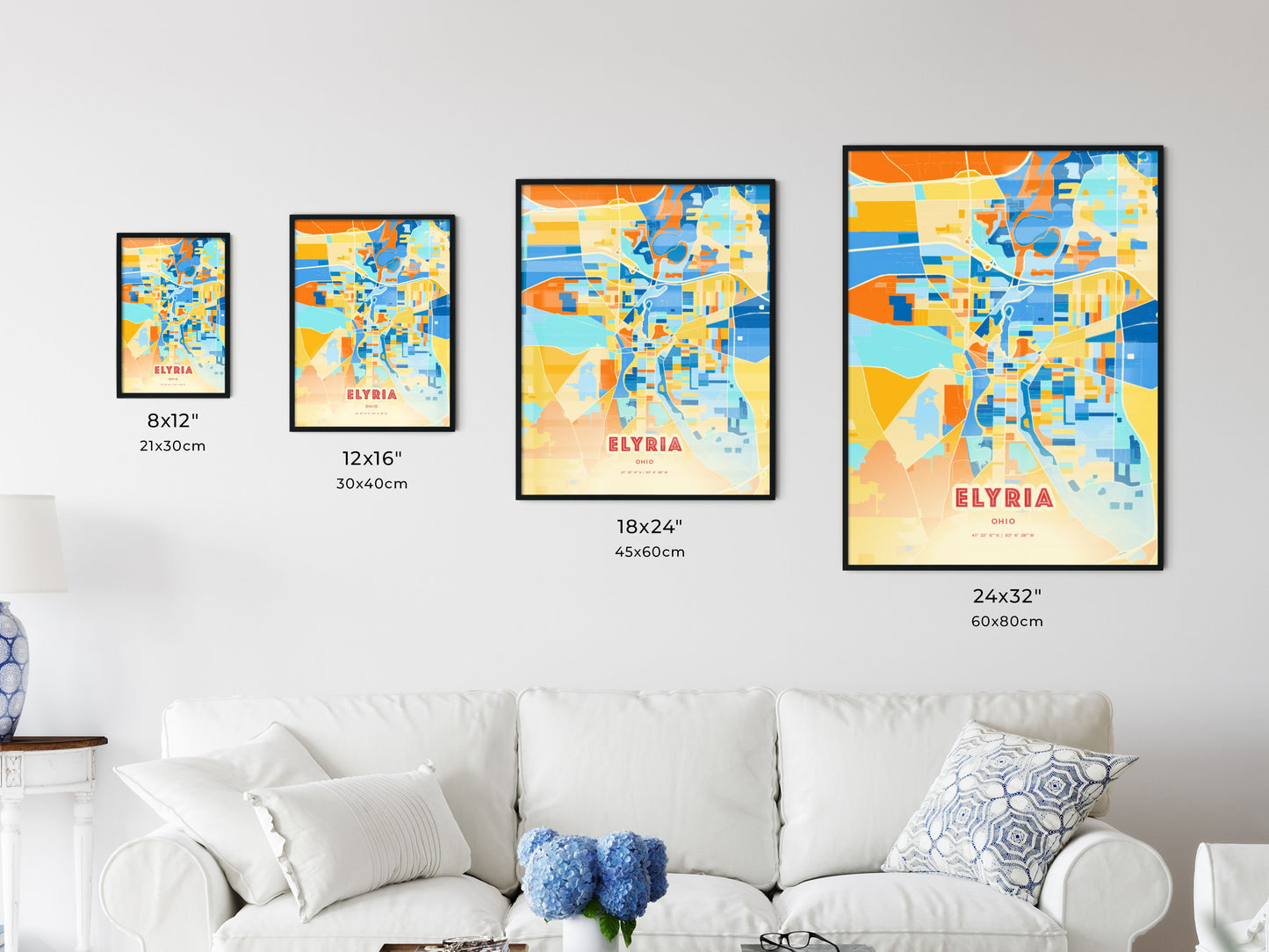 Colorful ELYRIA OHIO Fine Art Map Blue Orange