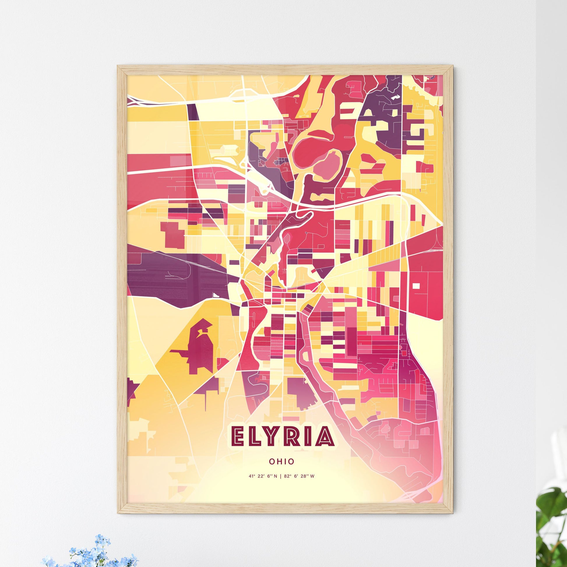 Colorful ELYRIA OHIO Fine Art Map Hot Red