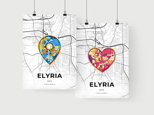 ELYRIA OHIO minimal art map with a colorful icon. Where it all began, Couple map gift.
