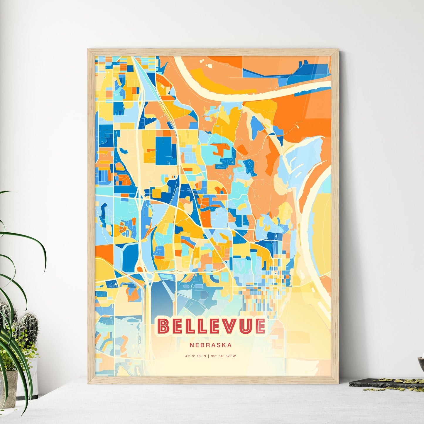 Colorful BELLEVUE NEBRASKA Fine Art Map Blue Orange