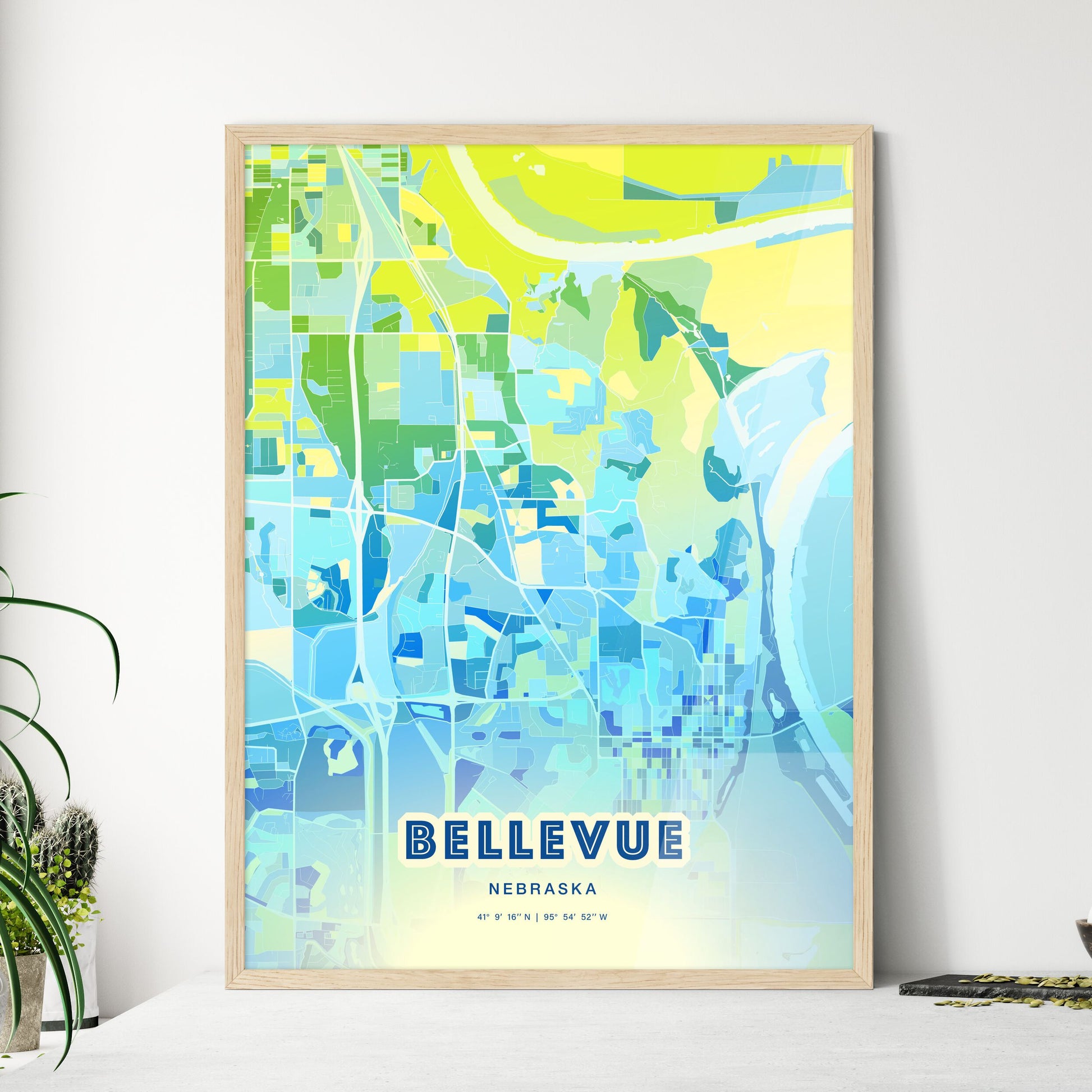 Colorful BELLEVUE NEBRASKA Fine Art Map Cool Blue