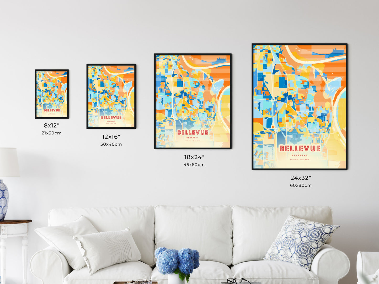 Colorful BELLEVUE NEBRASKA Fine Art Map Blue Orange