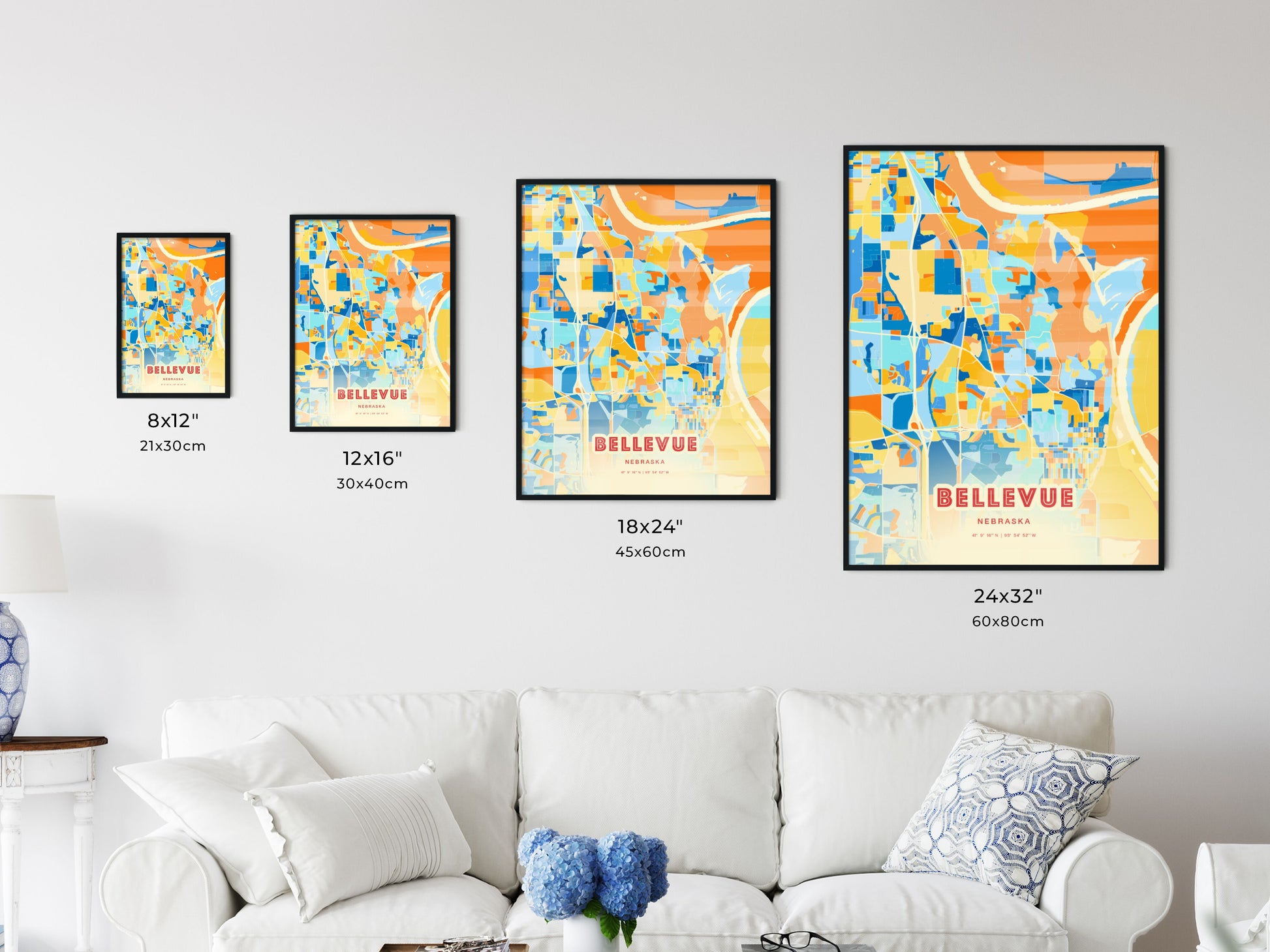 Colorful BELLEVUE NEBRASKA Fine Art Map Blue Orange