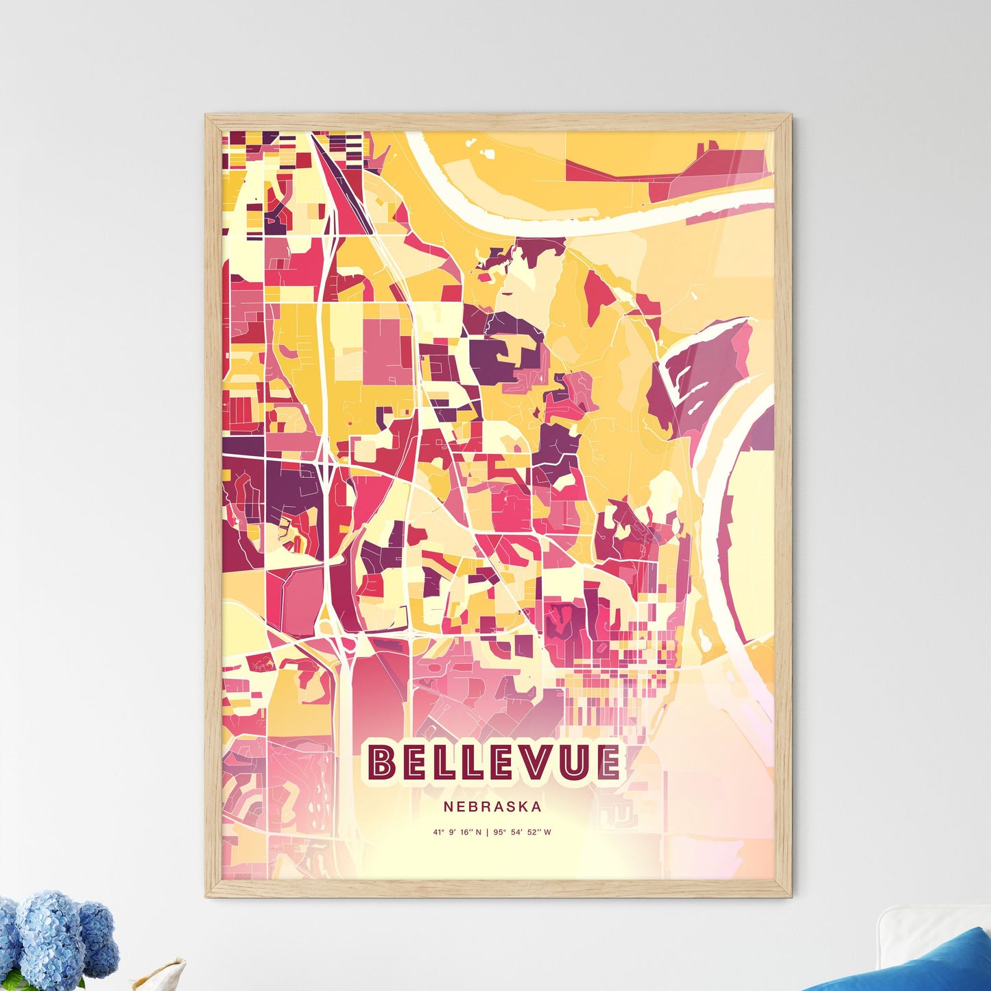 Colorful BELLEVUE NEBRASKA Fine Art Map Hot Red