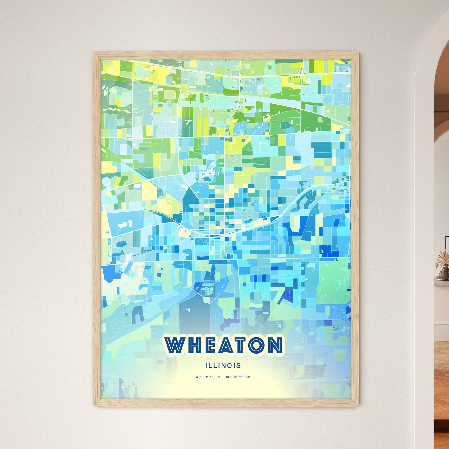 Colorful WHEATON ILLINOIS Fine Art Map Cool Blue