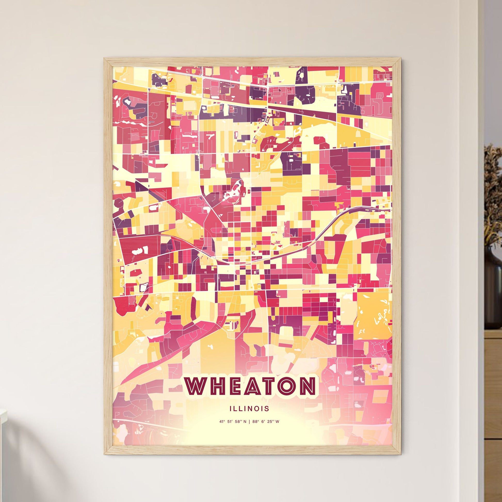 Colorful WHEATON ILLINOIS Fine Art Map Hot Red