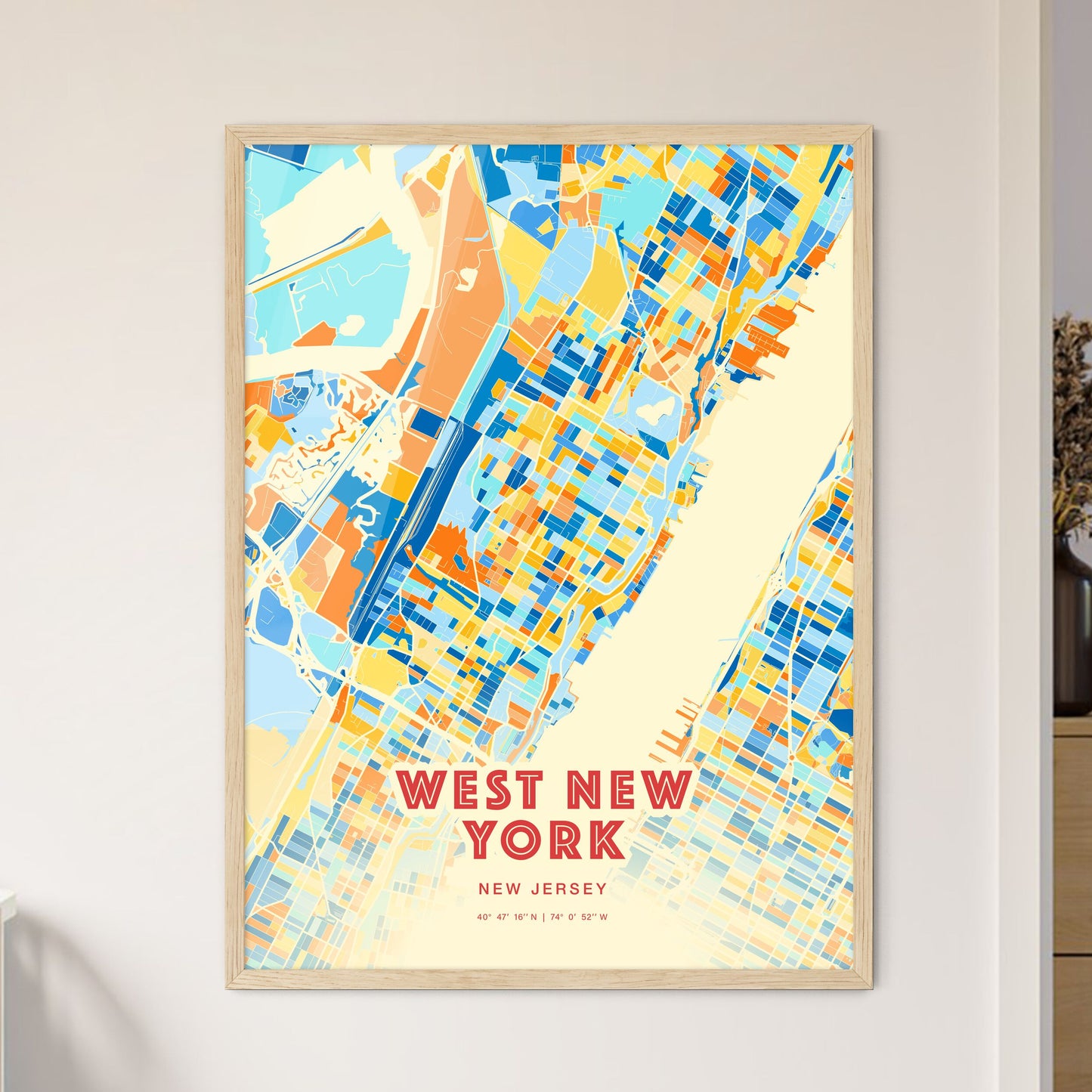 Colorful WEST NEW YORK NEW JERSEY Fine Art Map Blue Orange