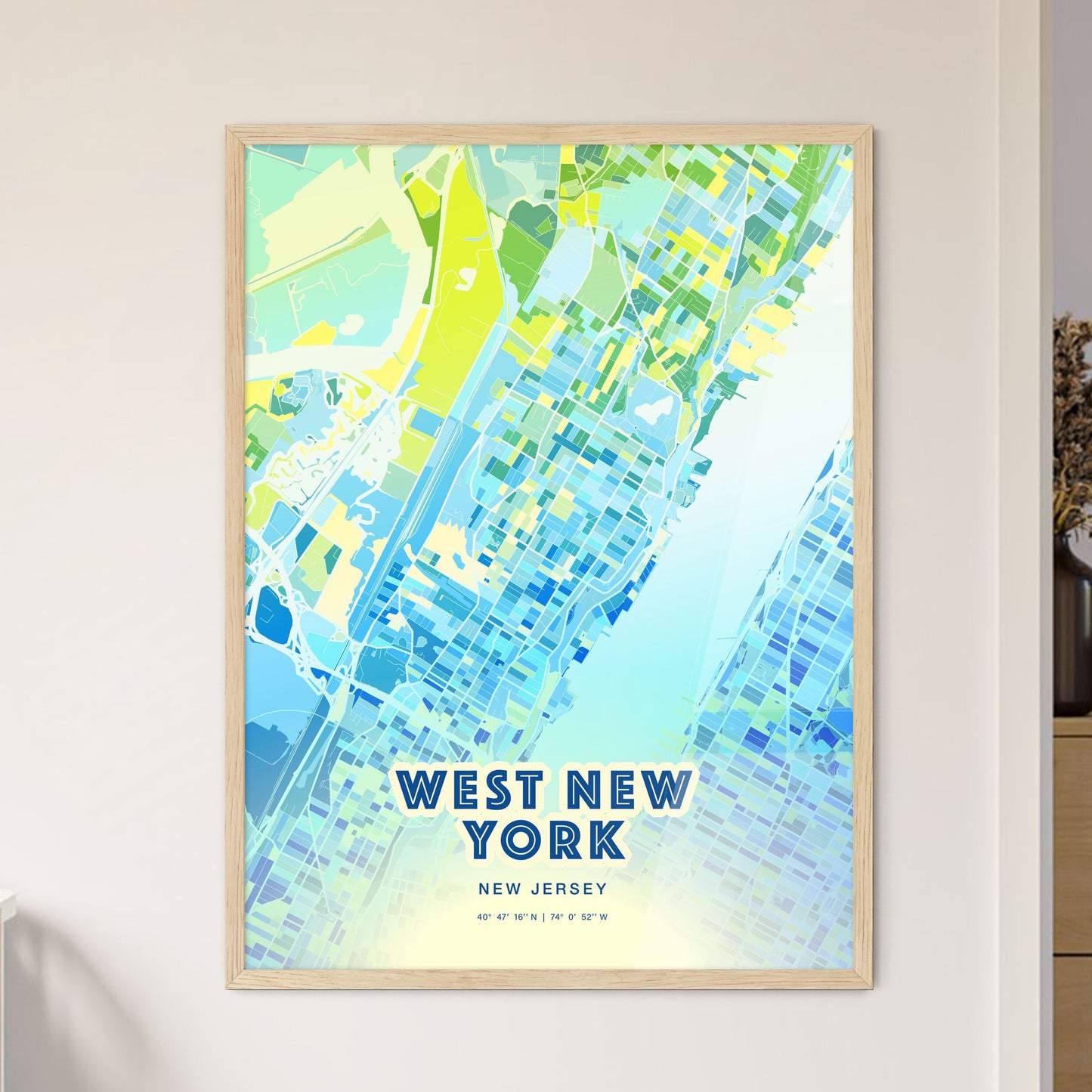 Colorful WEST NEW YORK NEW JERSEY Fine Art Map Cool Blue