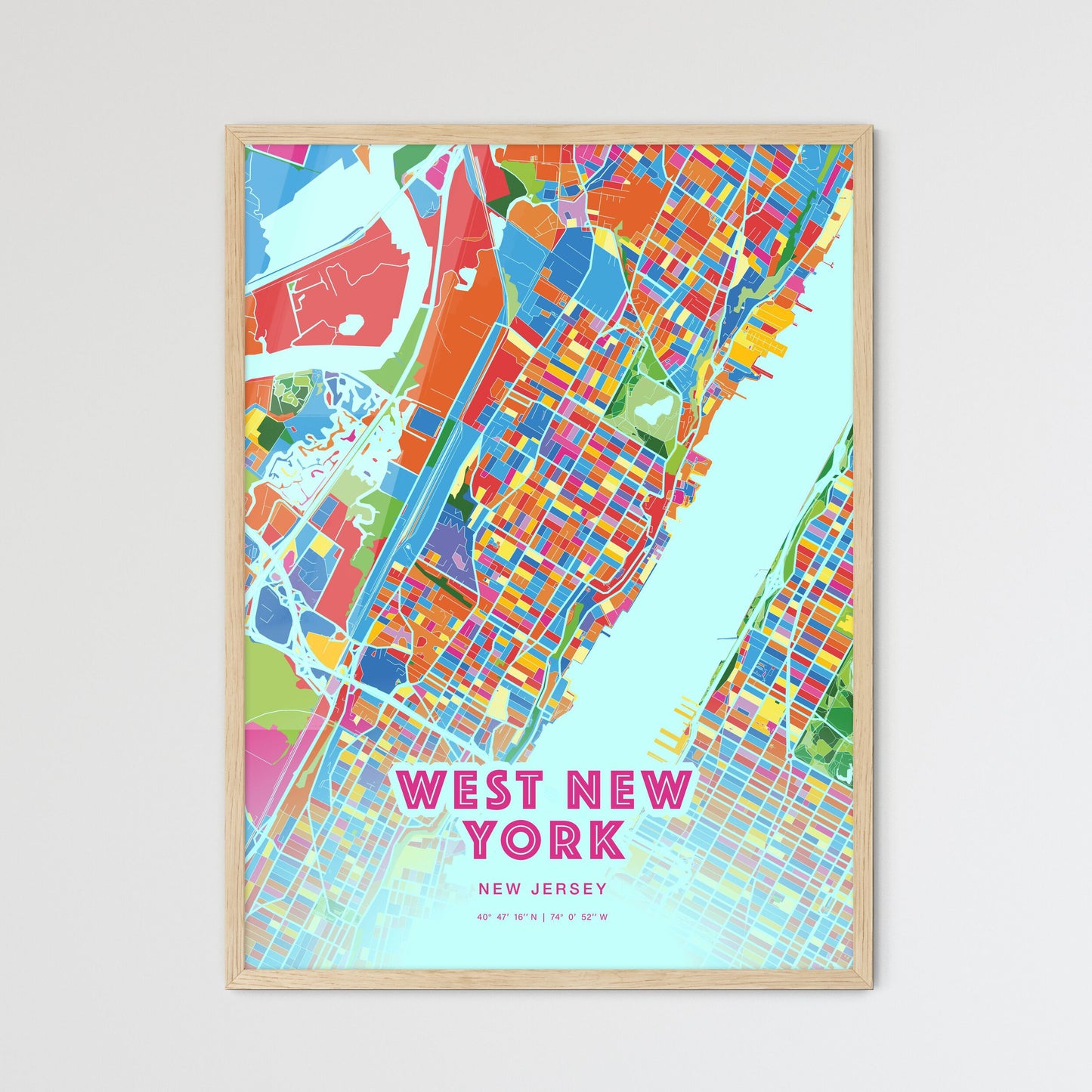 Colorful WEST NEW YORK NEW JERSEY Fine Art Map Crazy Colors