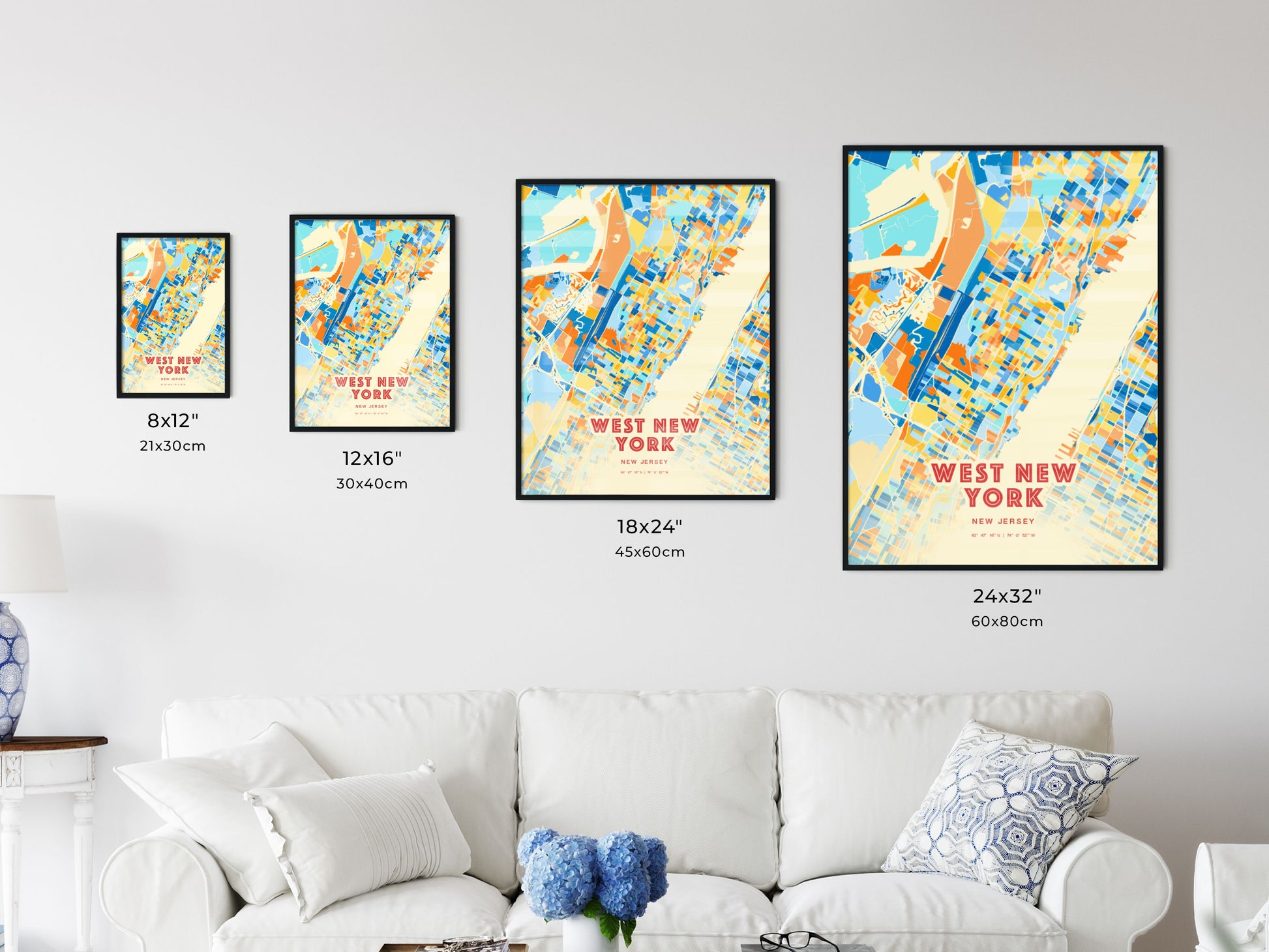 Colorful WEST NEW YORK NEW JERSEY Fine Art Map Blue Orange