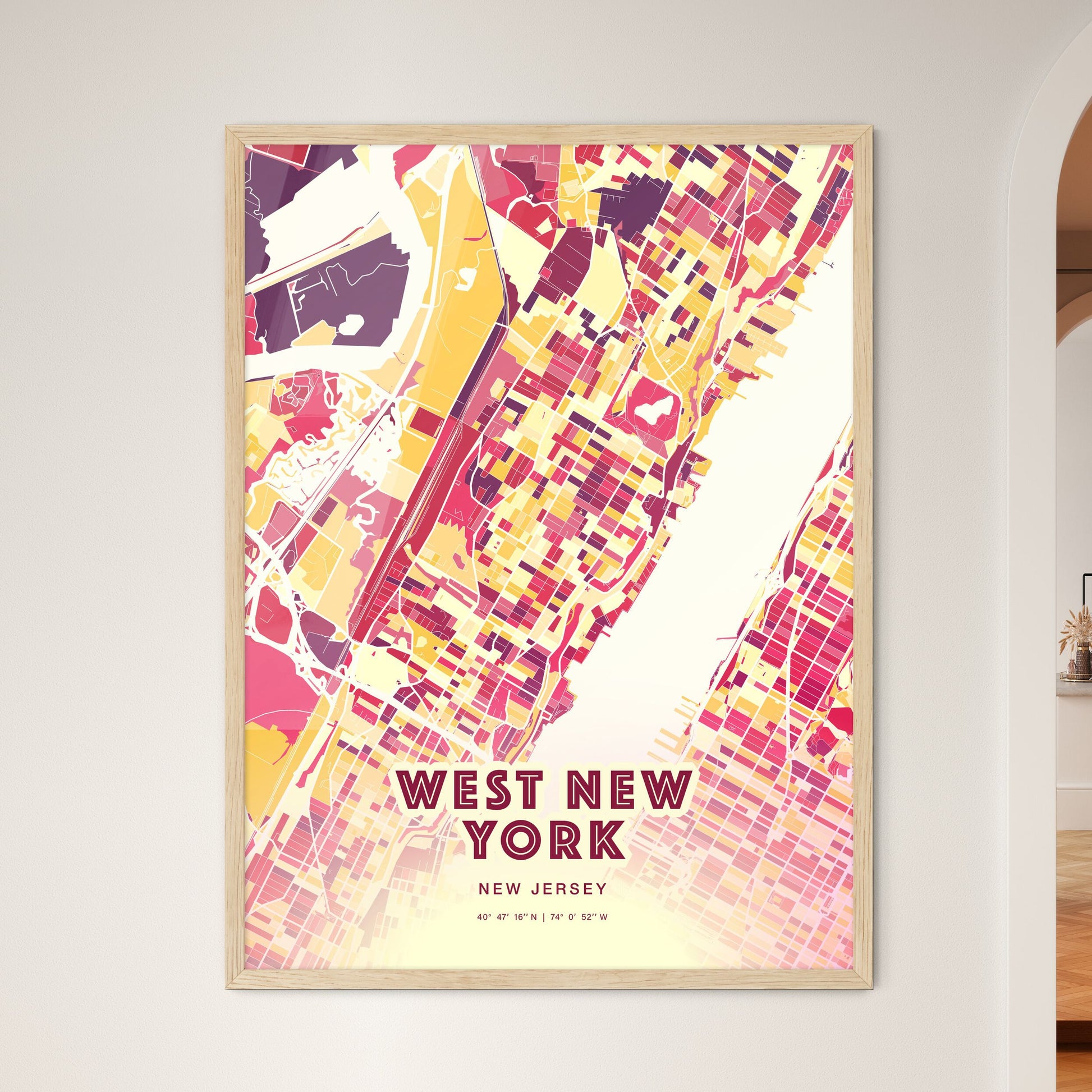 Colorful WEST NEW YORK NEW JERSEY Fine Art Map Hot Red