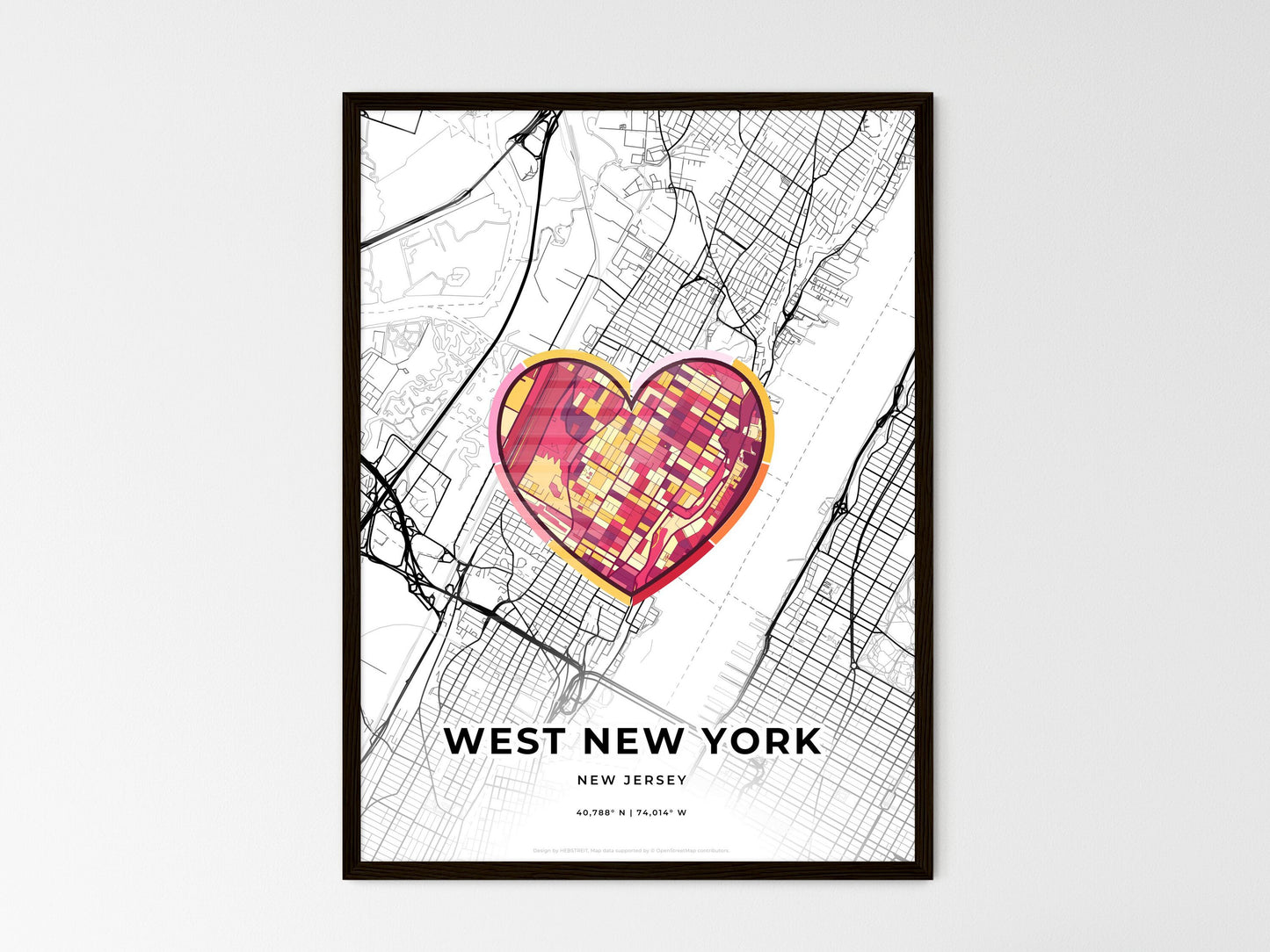 West New York New Jersey wedding art map with heart icon
