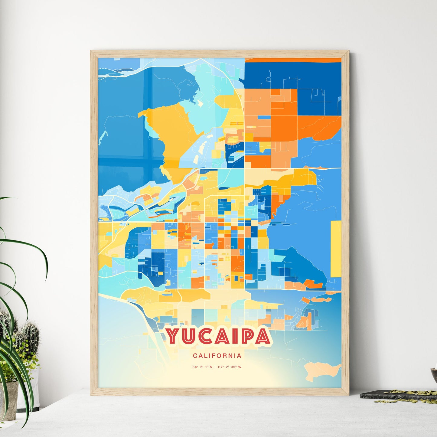 Colorful YUCAIPA CALIFORNIA Fine Art Map Blue Orange