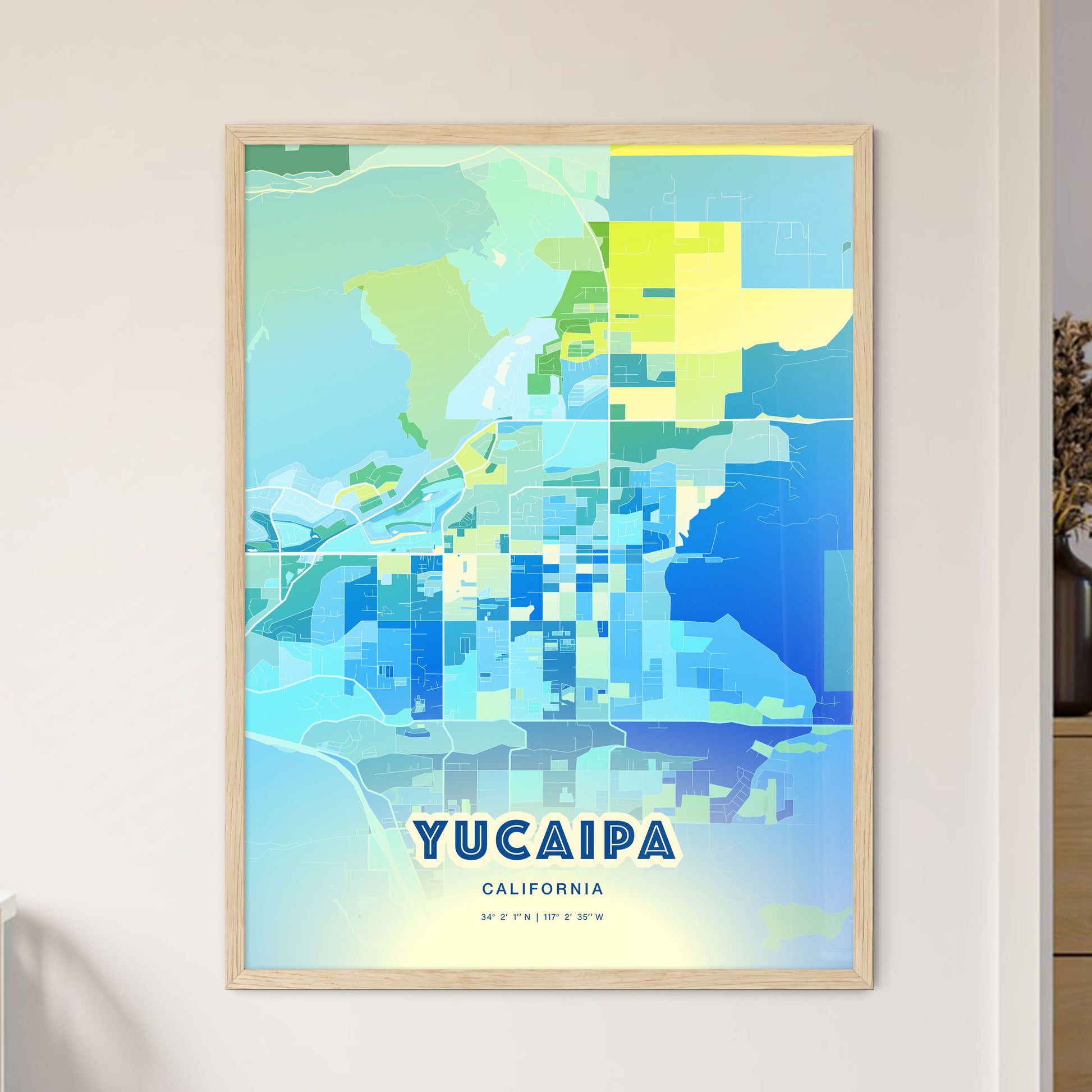 Colorful YUCAIPA CALIFORNIA Fine Art Map Cool Blue