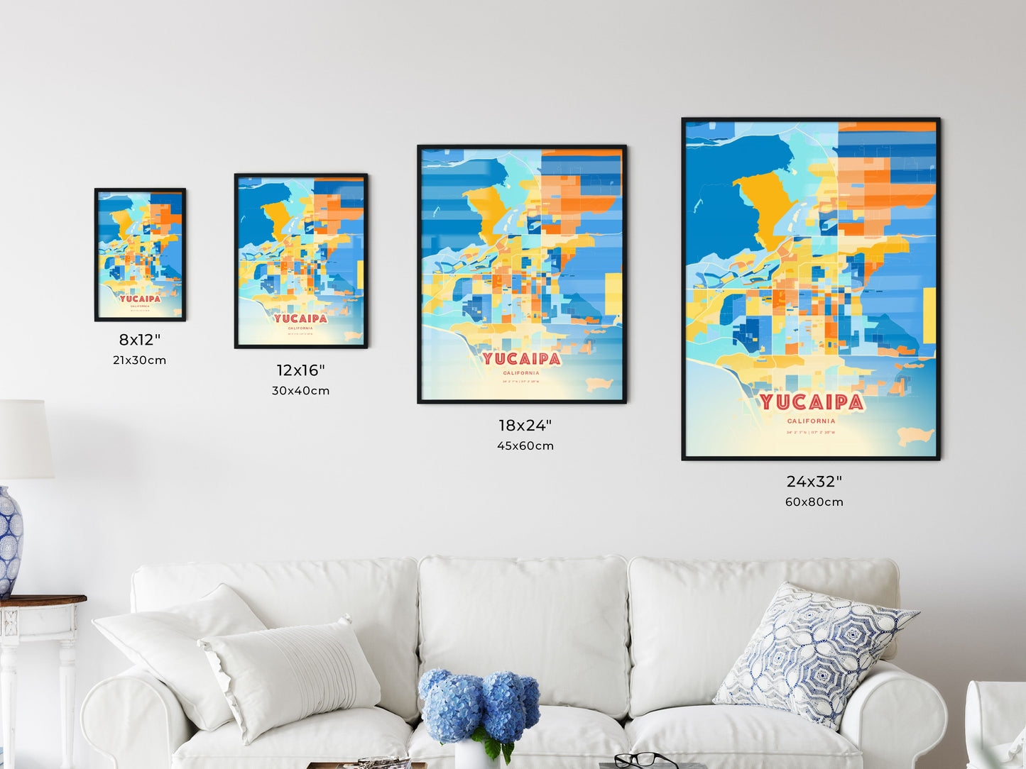 Colorful YUCAIPA CALIFORNIA Fine Art Map Blue Orange